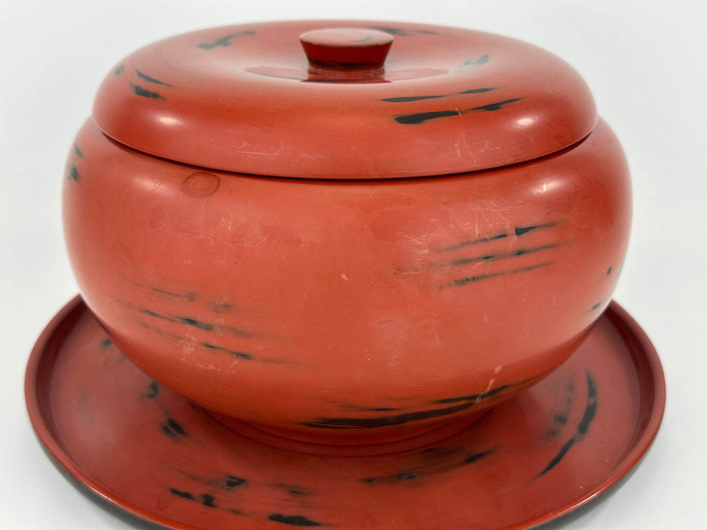 Antique Japanese Meiji Era Negoro Lacquer Lidded Bowl Matching Tray 9.5"