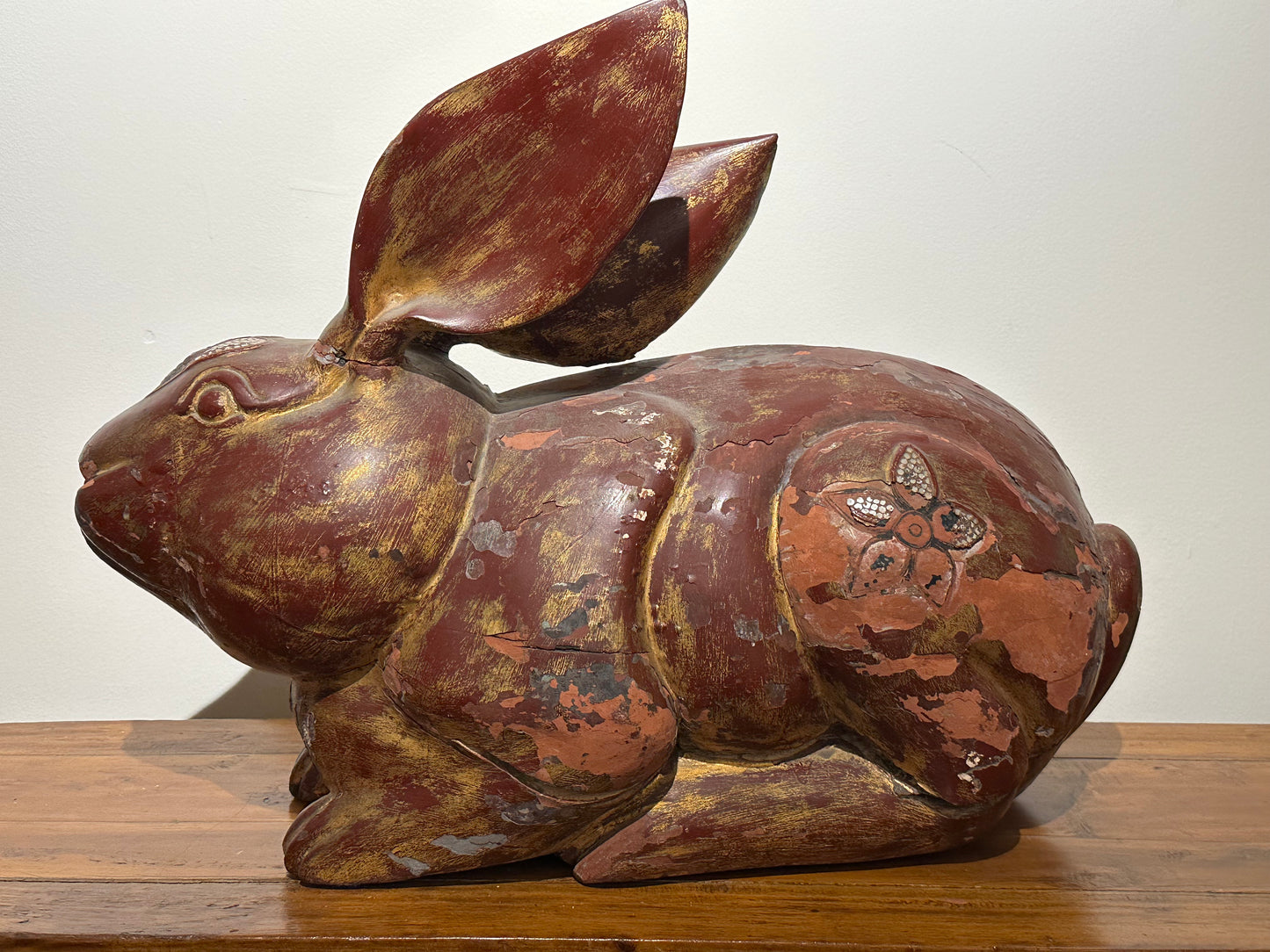 Antique Chinese Red Lacquer Had Carved Rabbit 22"L