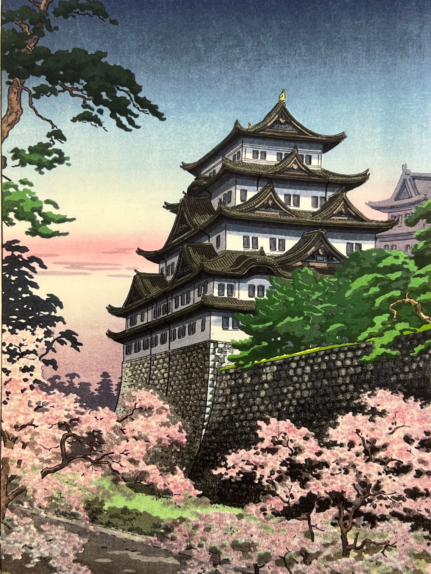 Koitsu Giclee Woodblock Print Pink Cherry Nagoya Castle 6.75"x10"