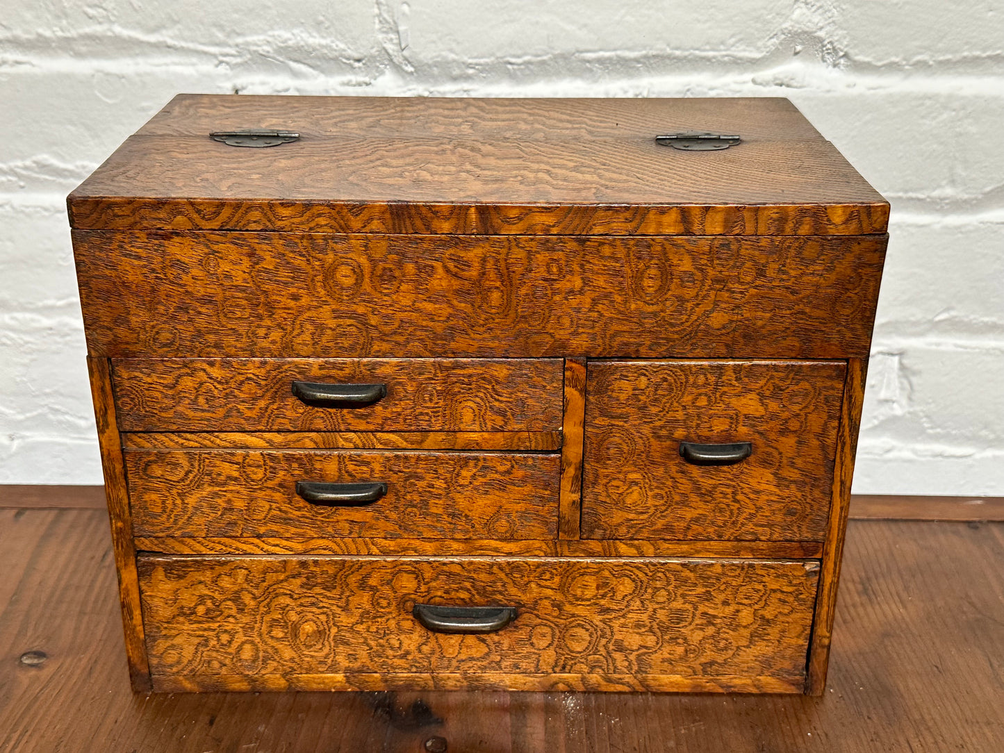 Antique Japanese Meiji Era c 1920's Mulberry Wood Haribako Sewing Tansu 11.5"