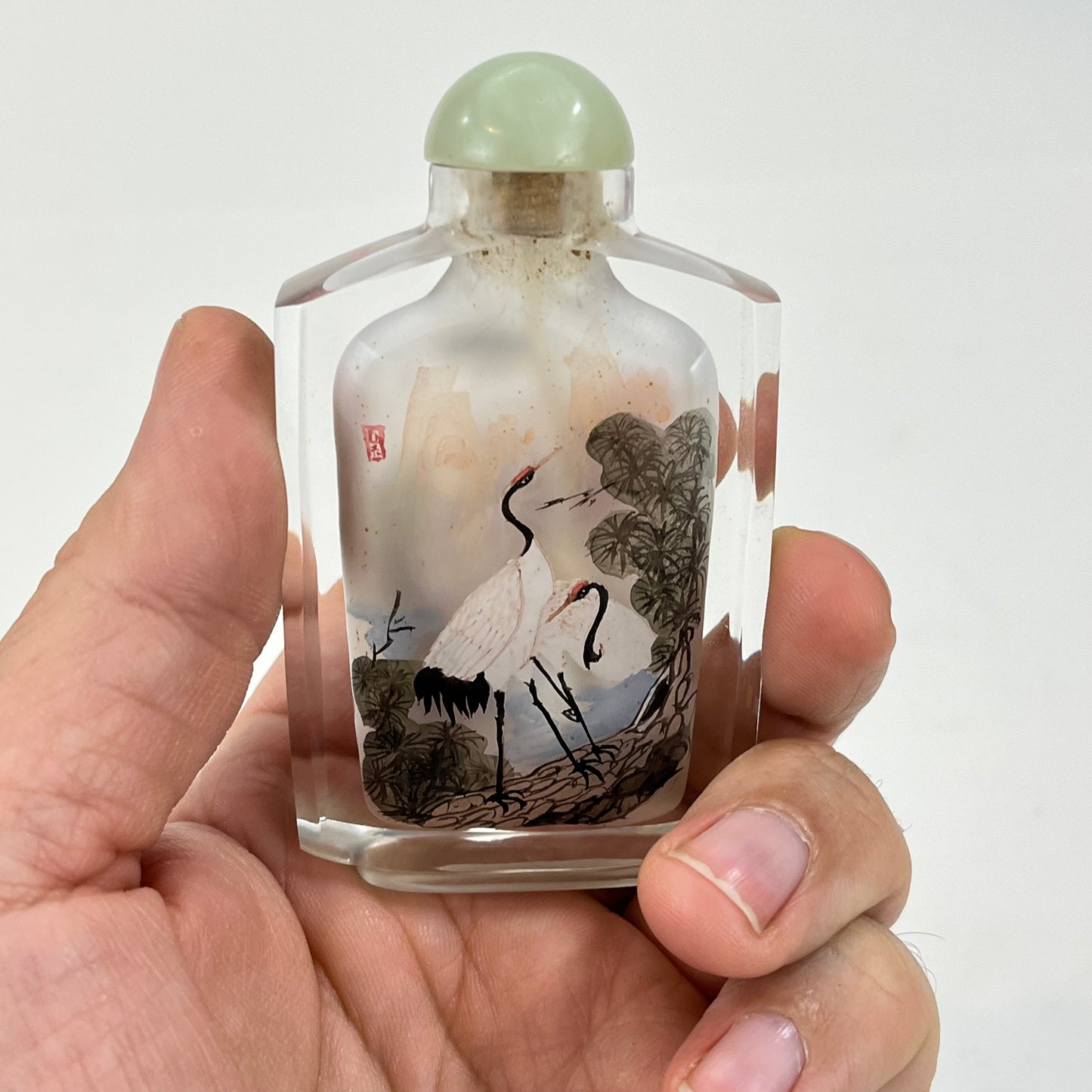 Vintage Chinese Signed Snuff Bottle Reverse-Painted Crane Motif 3"