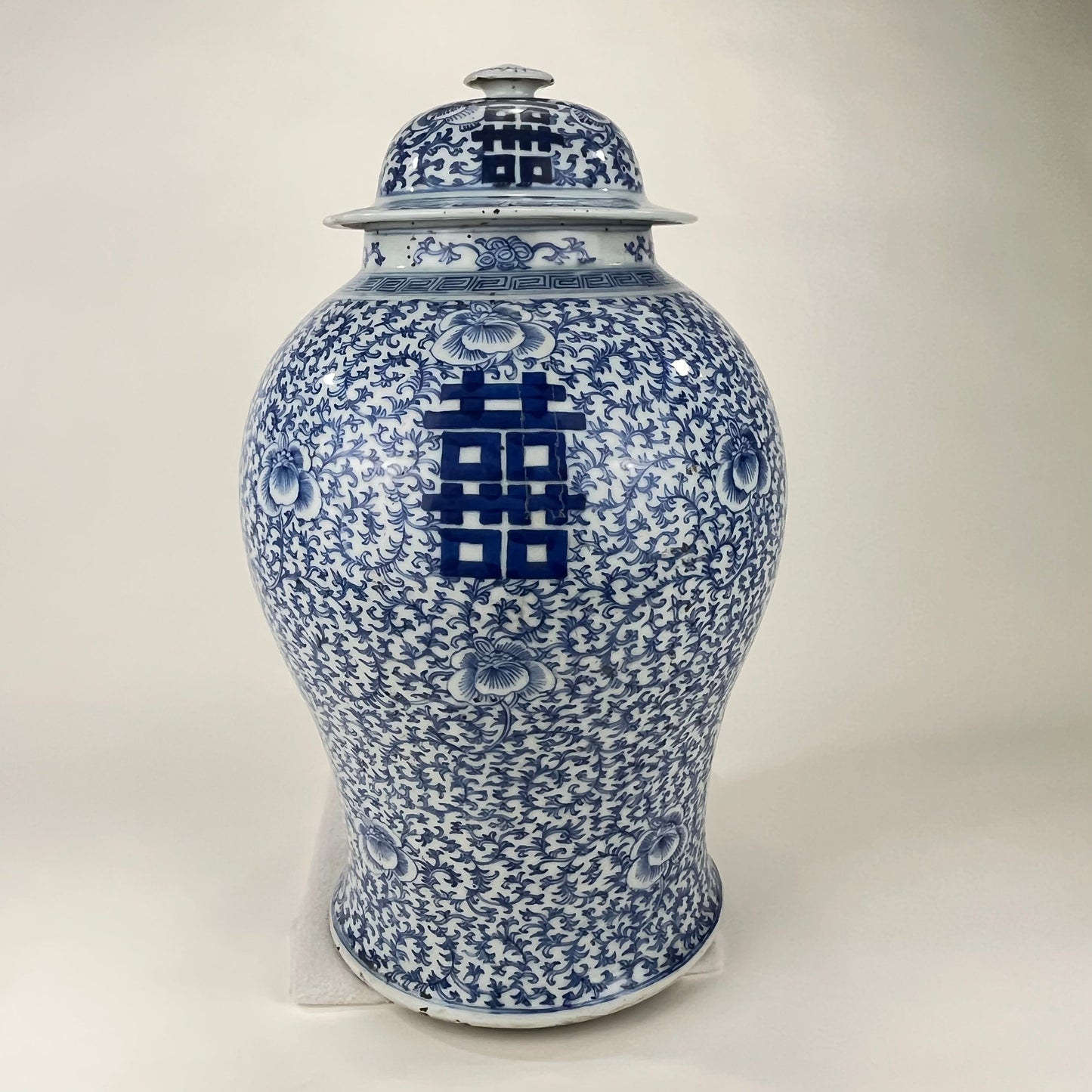 Antique Chinese Qing 150 Year Old Blue & White Wedding Jar Hand Painted 18"H