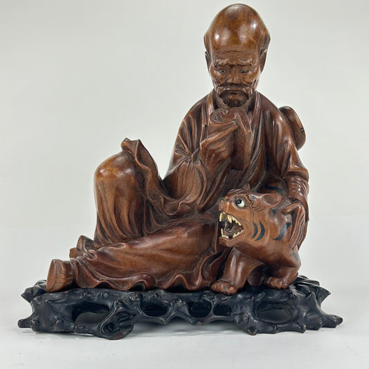 Antique Chinese Carved Wooden Statue of Immortal w/ Tiger 10”