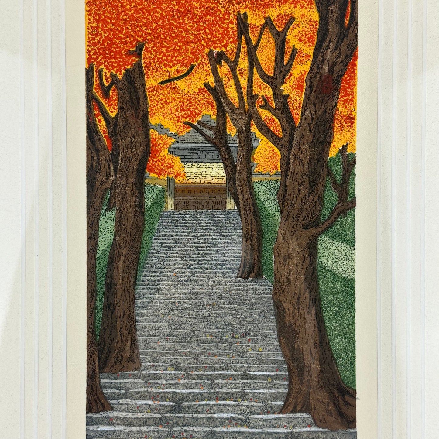 Japanese Original Woodblock Print by Teruhide Kato (1936–2015) "Autumn Leaves" Framed LS#230