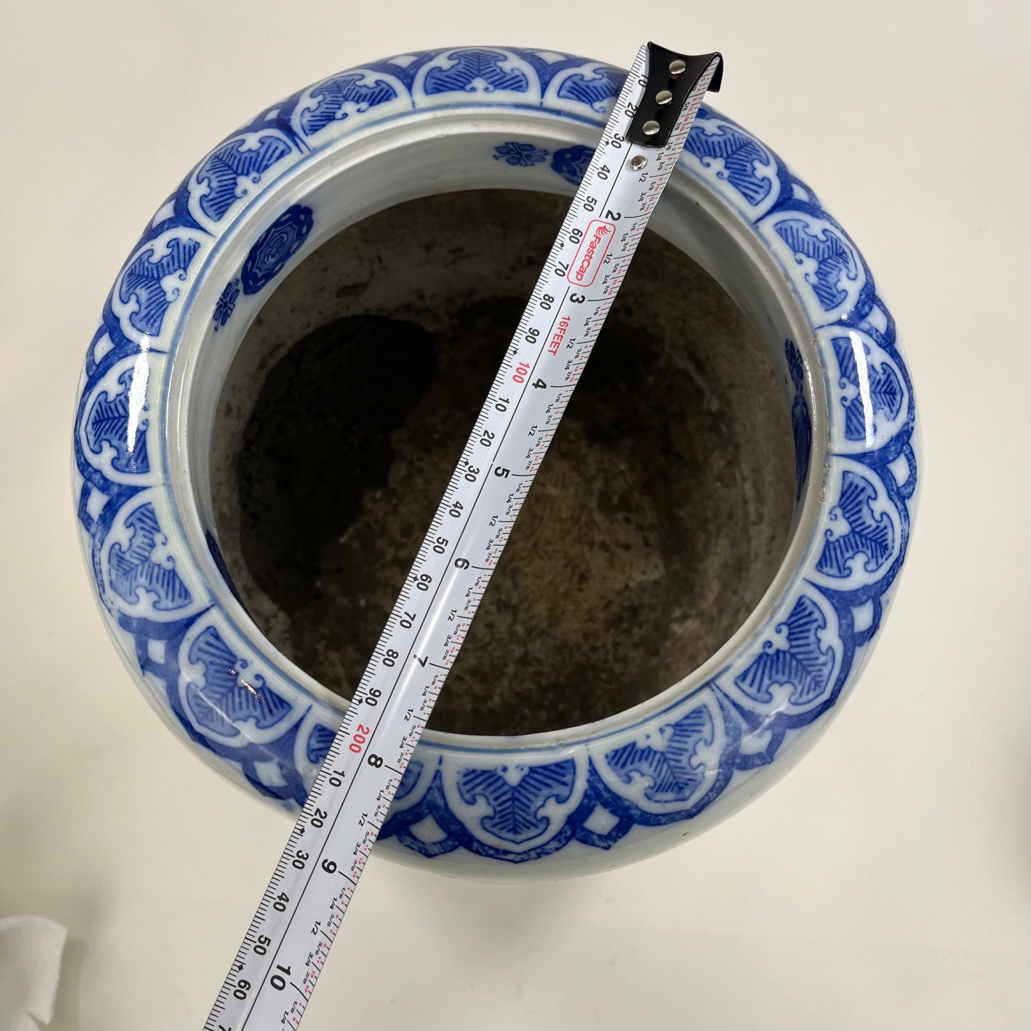 Antique Japanese Meiji Era Ceramic Blue & White Hibachi Brazier Flower motif 8”