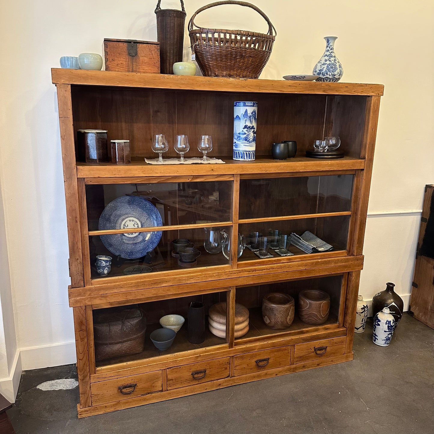 Antique Japanese Misedansu Display Tansu Sugi Wood Meiji c1890's 70"W