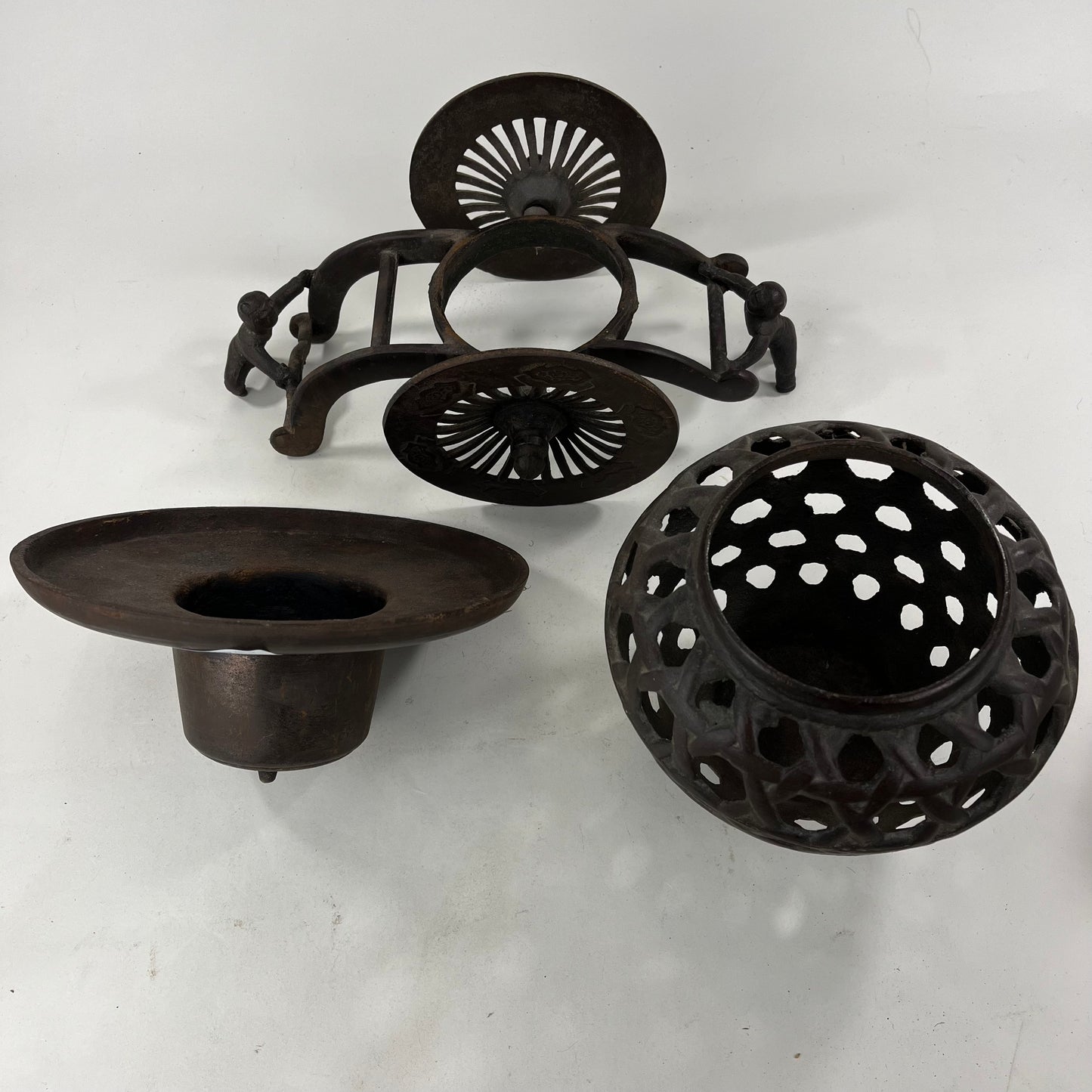 Japanese Usubata Cart Style Bronze Ikebana Flower Vase 12"