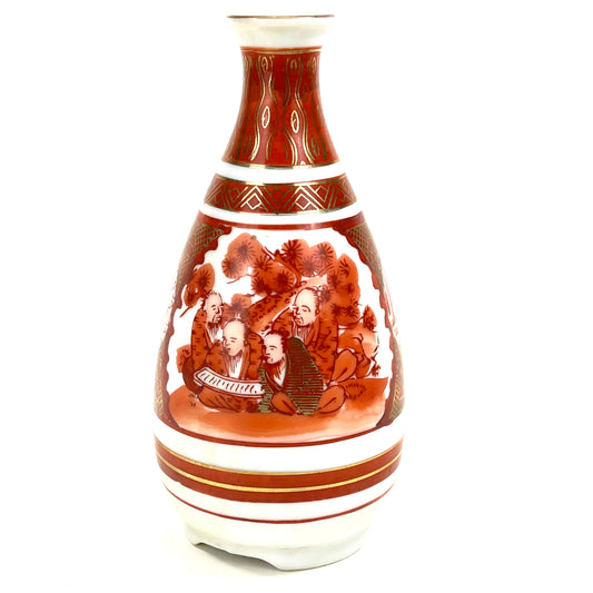 Antique Japanese c1920 Red Kutani Tokkuri Sake Bottle Philosophers Reading Scroll 6.5"