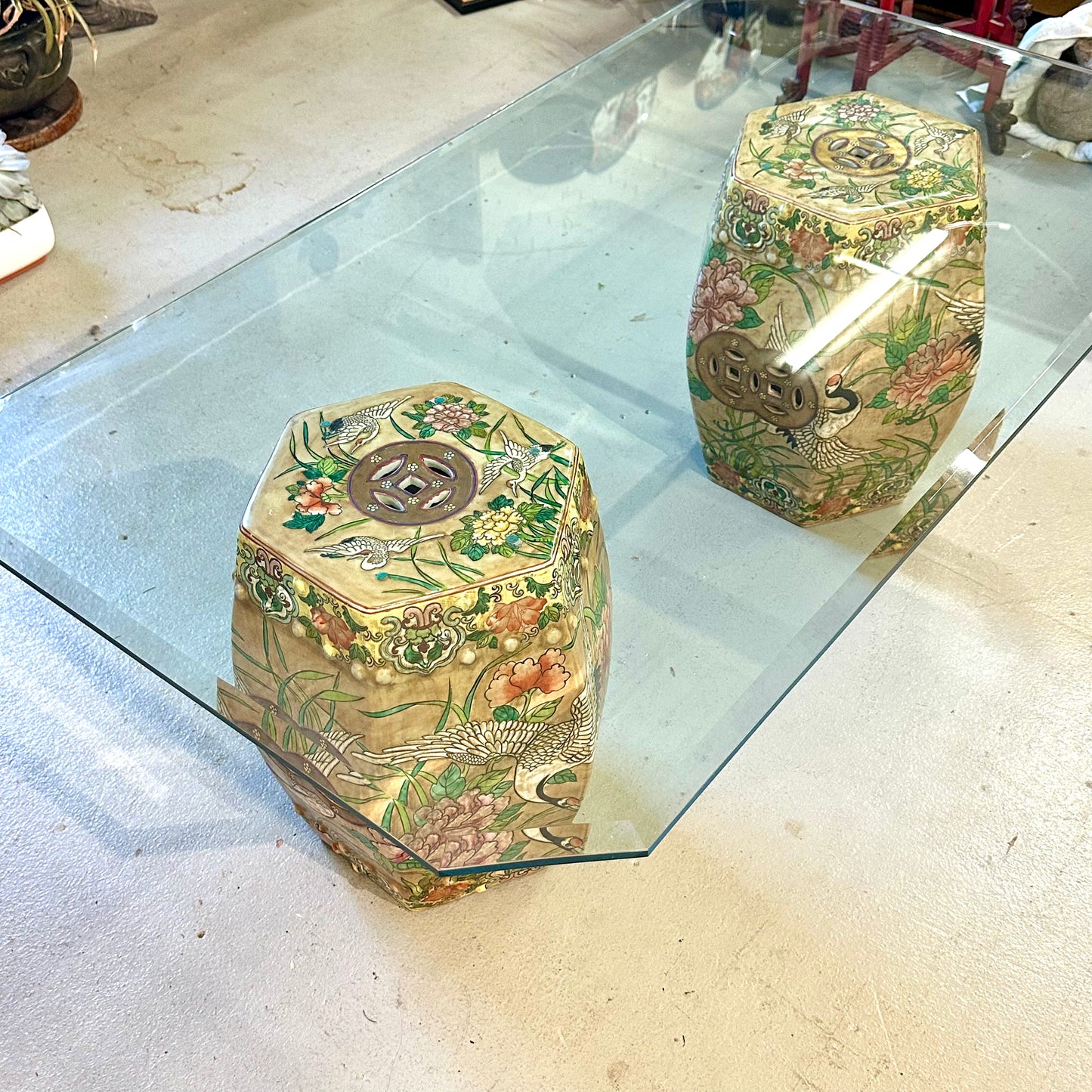 Vintage Coffee Table Chinese Garden Stools Ceramic Crane Motif 54x30"