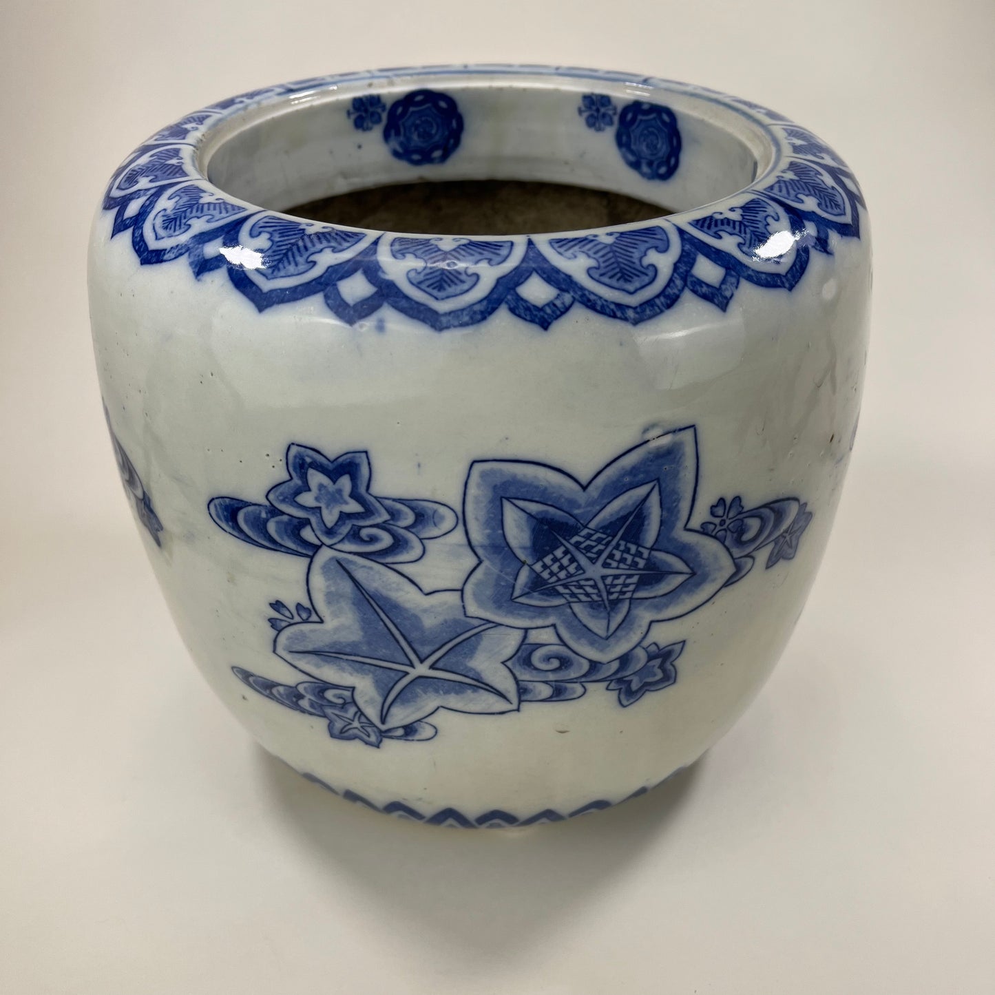 Antique Japanese Meiji Era Ceramic Blue & White Hibachi Brazier Flower motif 8”