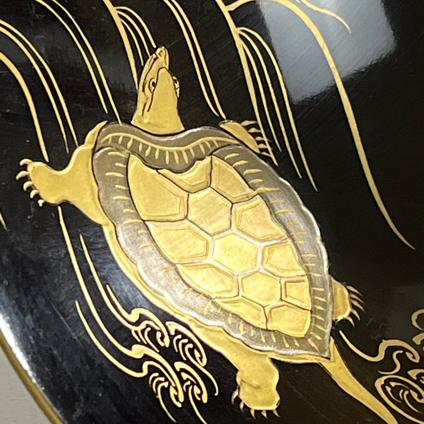 Antique Japanese (Dated 1776) Black Lacquer Bowl Gold Makie Turtles & Cranes