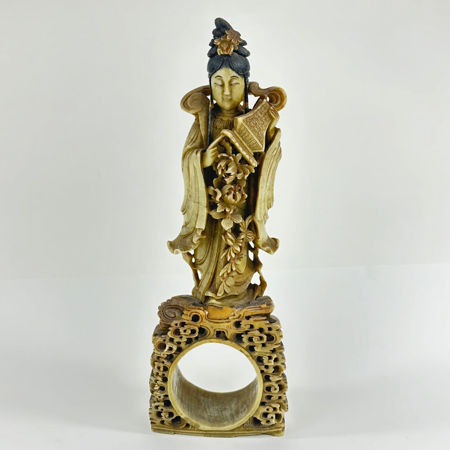 Antique Chinese Natural Stone Carved Statue of Quan Yin 11.5”