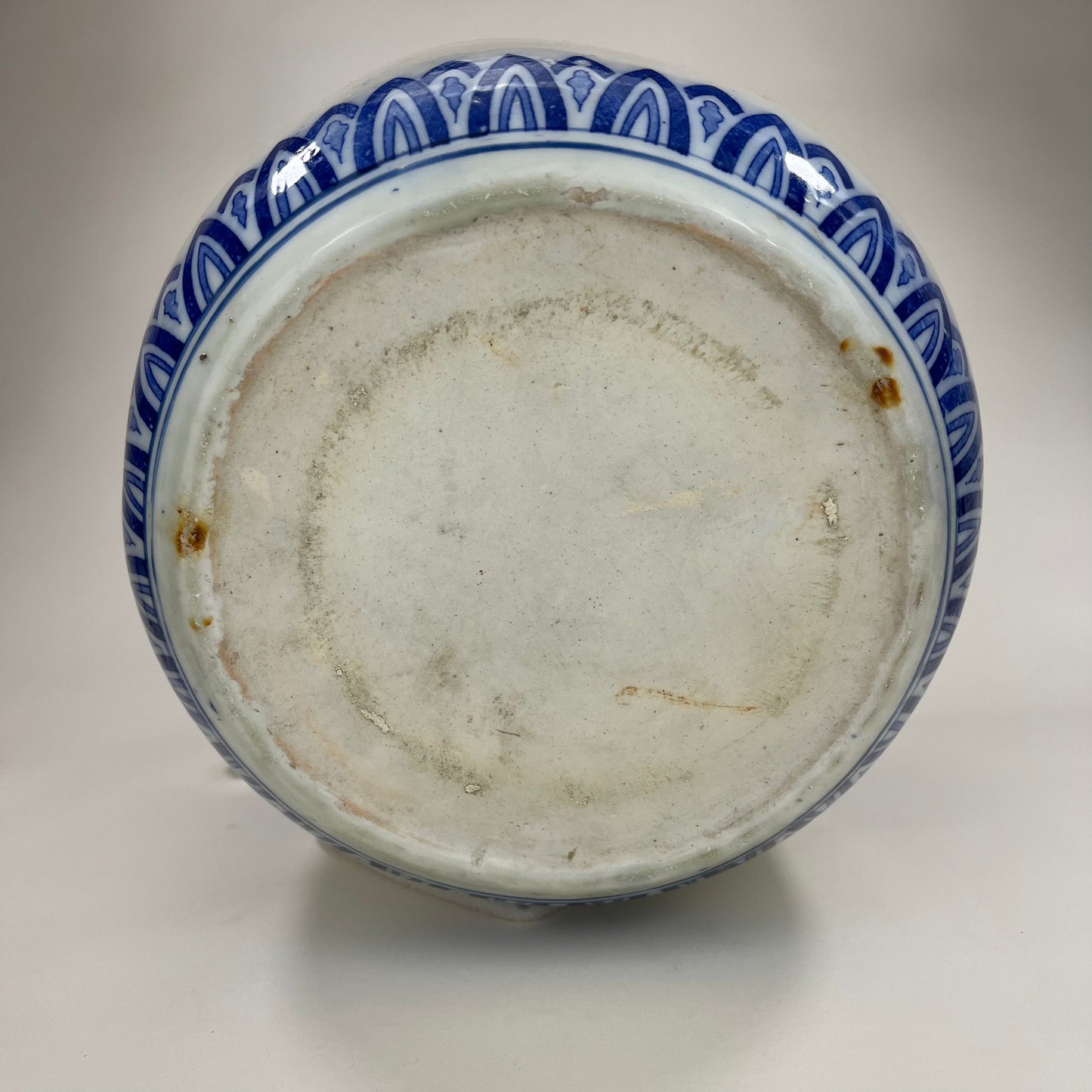 Antique Japanese Meiji Era Ceramic Blue & White Hibachi Brazier Flower motif 8”