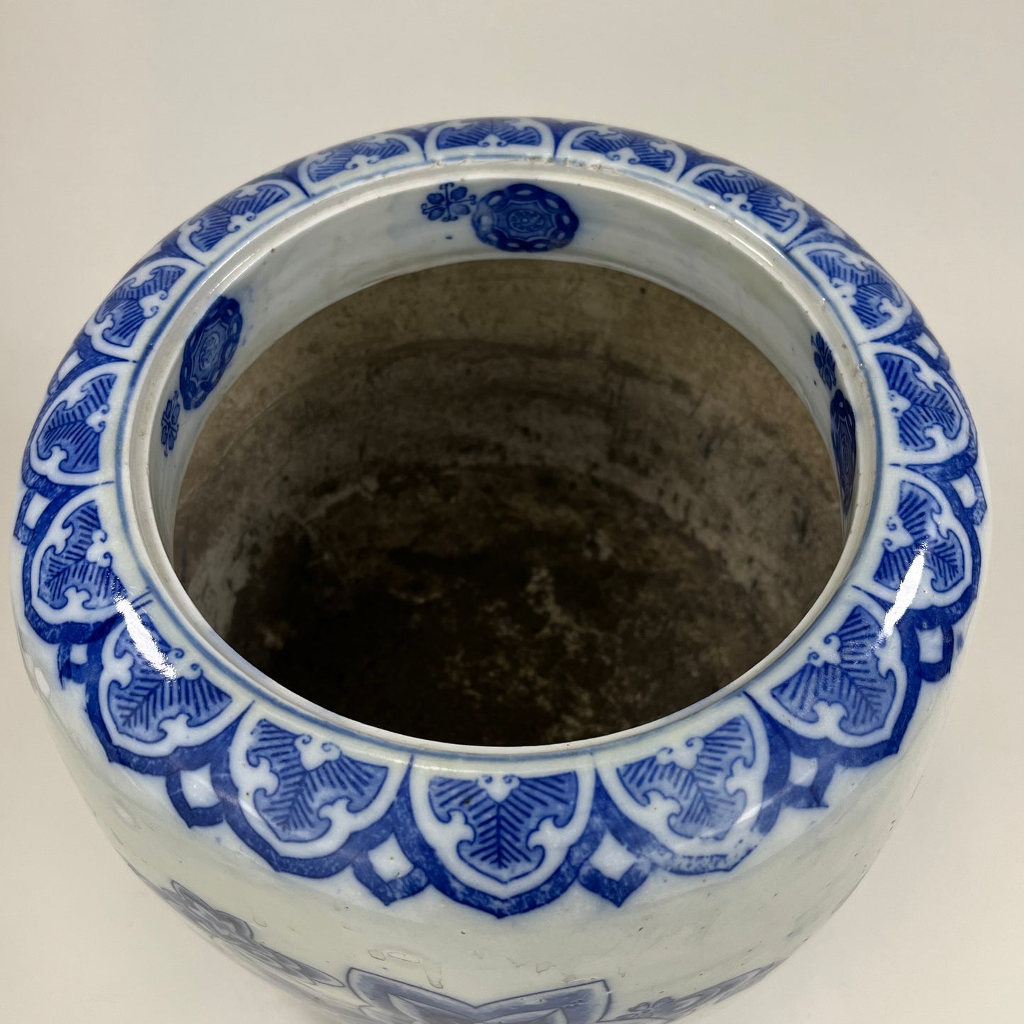 Antique Japanese Meiji Era Ceramic Blue & White Hibachi Brazier Flower motif 8”