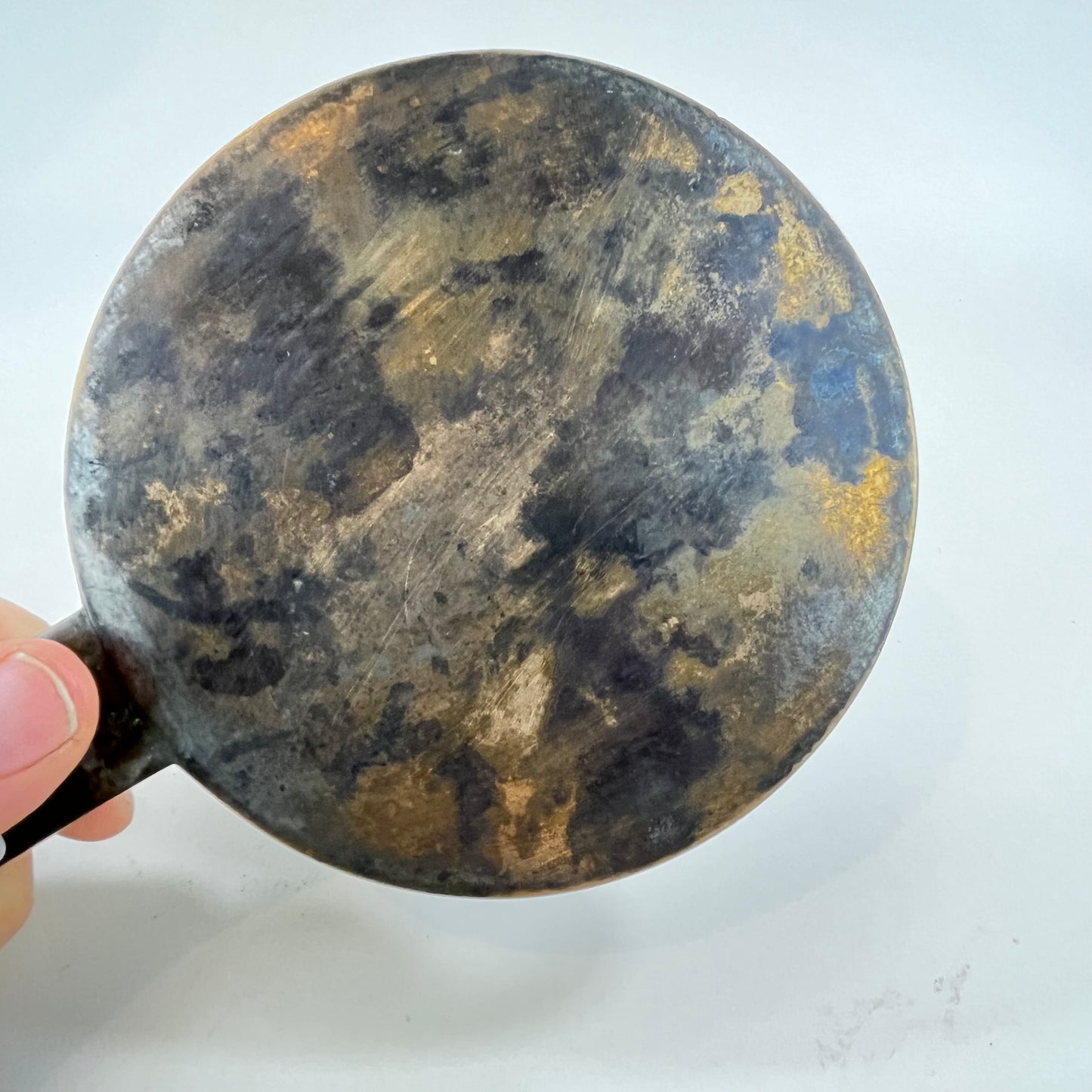 Antique Japanese Bronze Geisha Hand Mirror Kagami