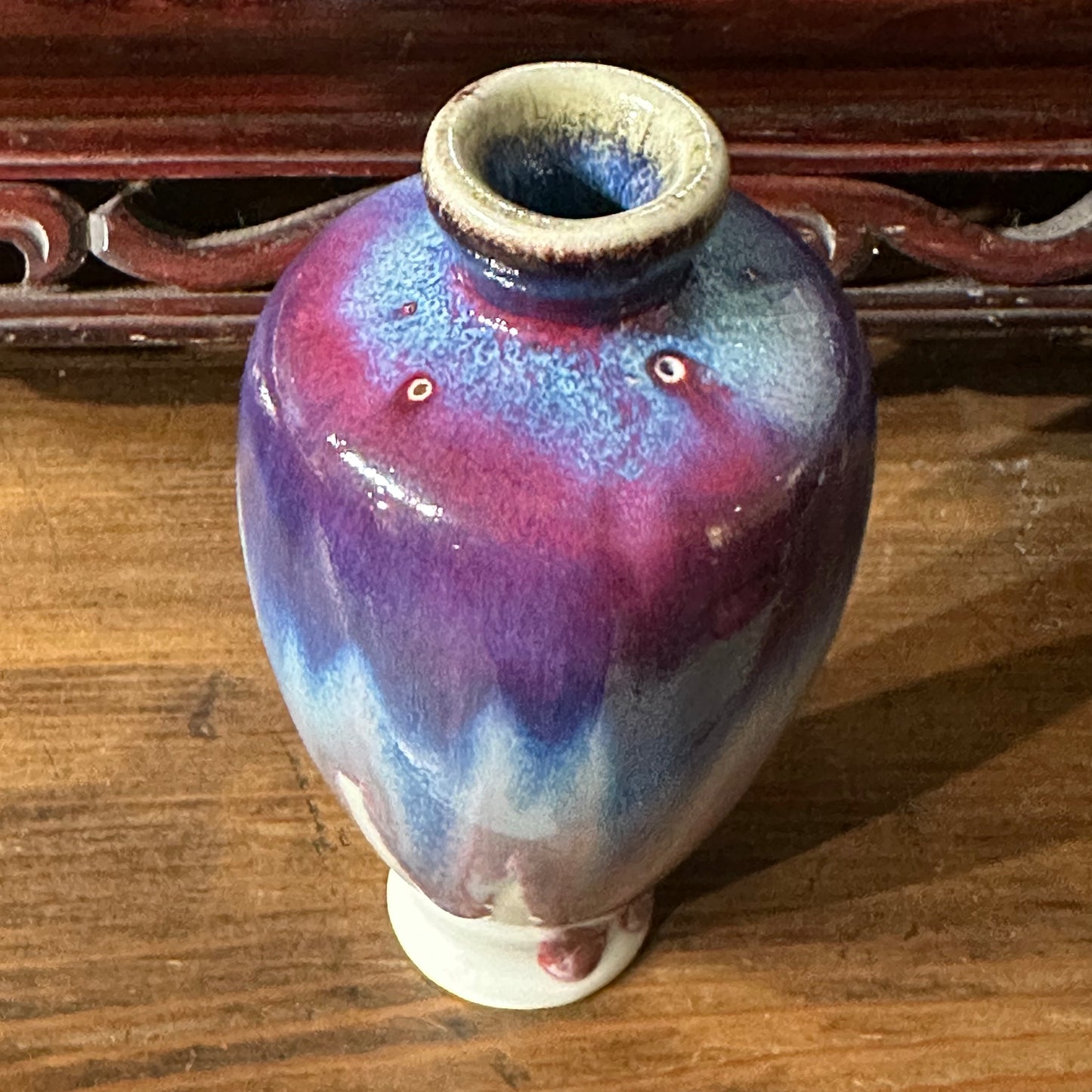 MMatsuyama Gaei Peacock Glaze Vase Japanese Hand Thrown w/ Box 4.5"
