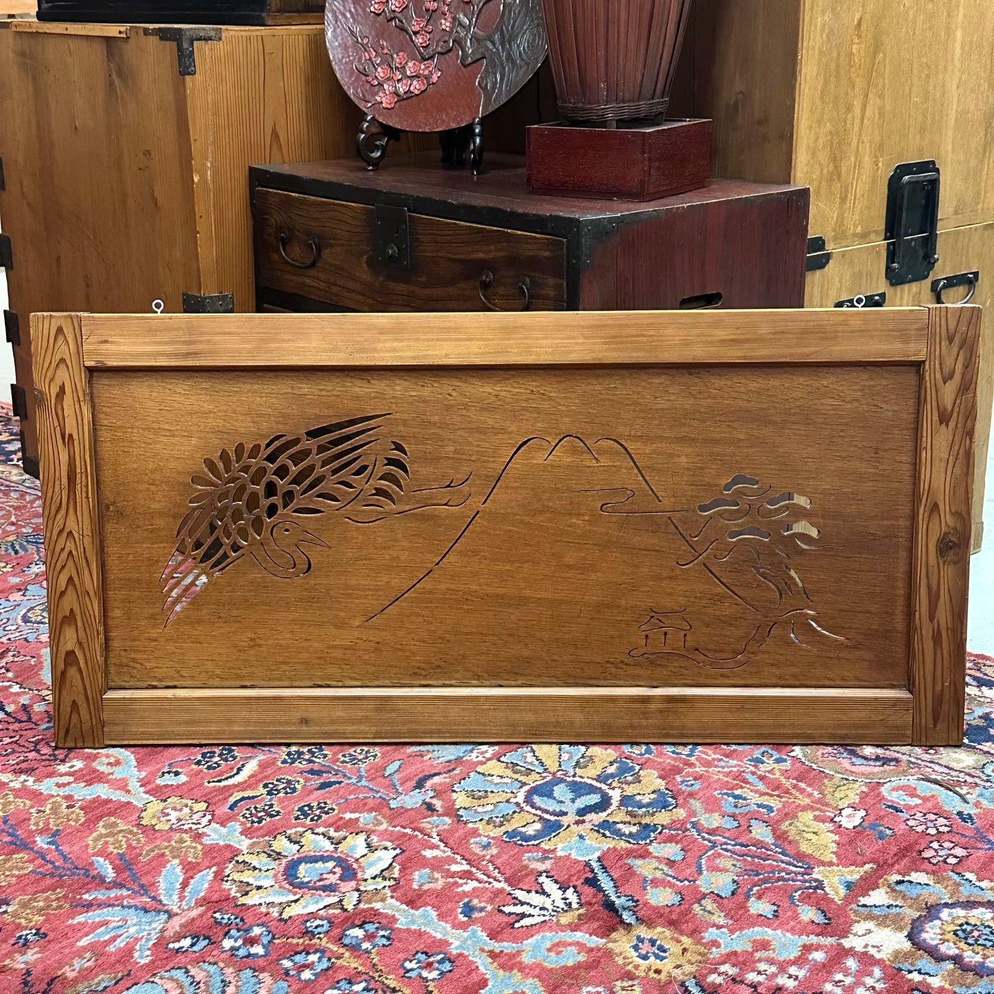 Vintage Japanese Ranma Hand Cut Transom Crane Mt Fuji 35”