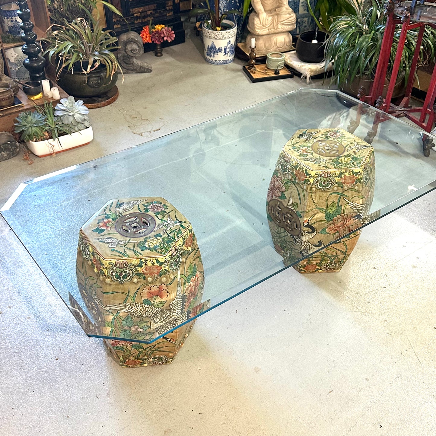 Vintage Coffee Table Chinese Garden Stools Ceramic Crane Motif 54x30"