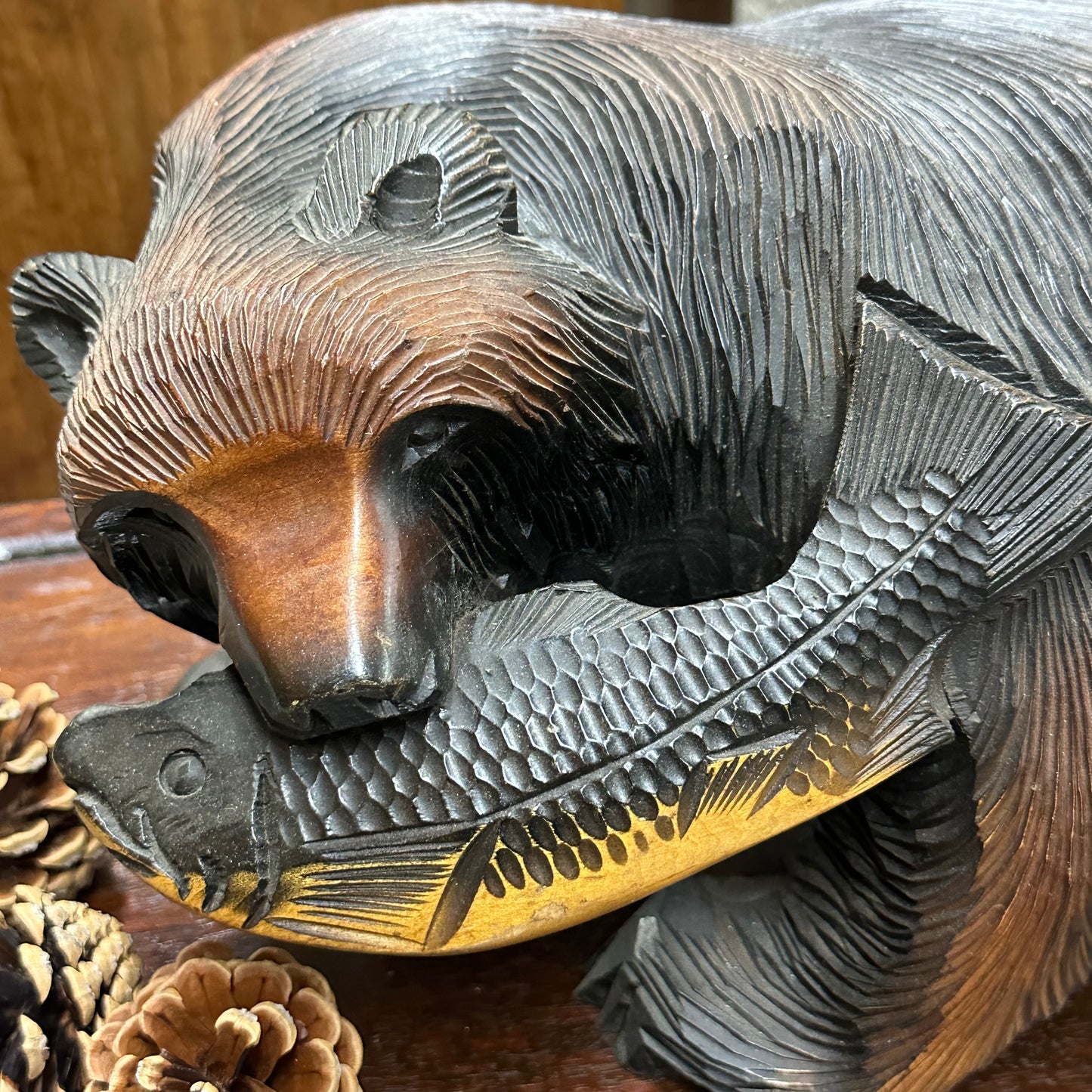 Vintage Japanese Ainu Bear Kuma Horiguma w/ Salmon Cedar 13”