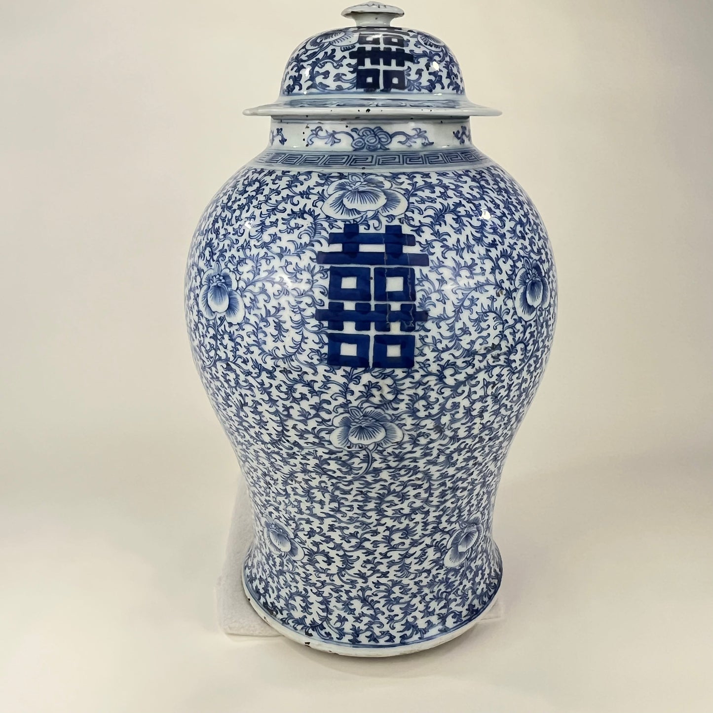 Antique Chinese Qing 150 Year Old Blue & White Wedding Jar Hand Painted 18"H