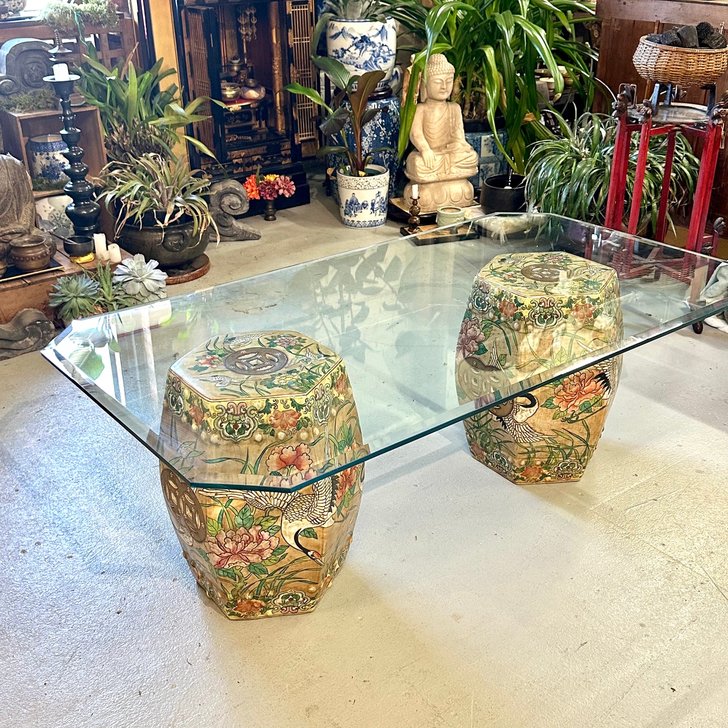 Vintage Coffee Table Chinese Garden Stools Ceramic Crane Motif 54x30"