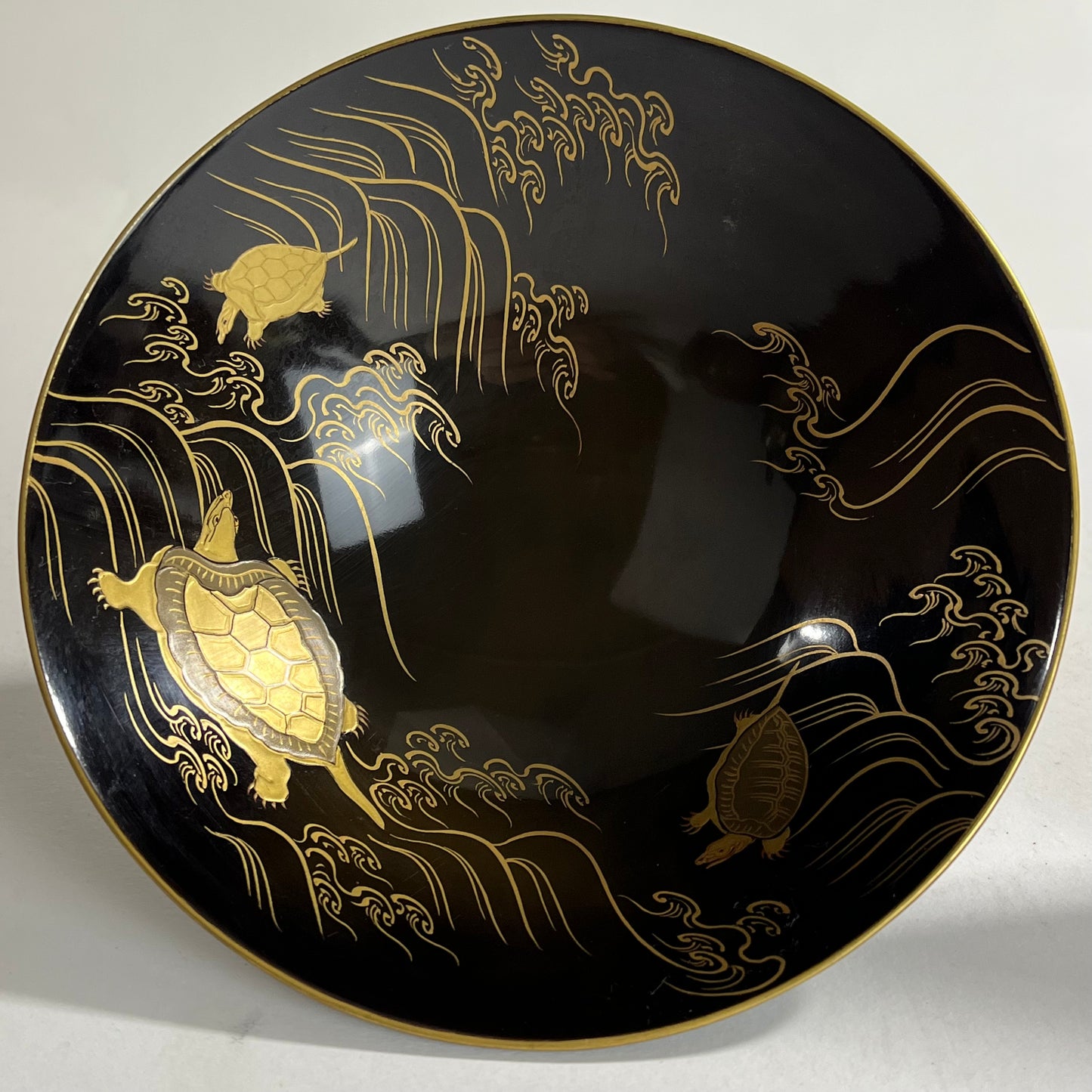 Antique Japanese (Dated 1776) Black Lacquer Bowl Gold Makie Turtles & Cranes