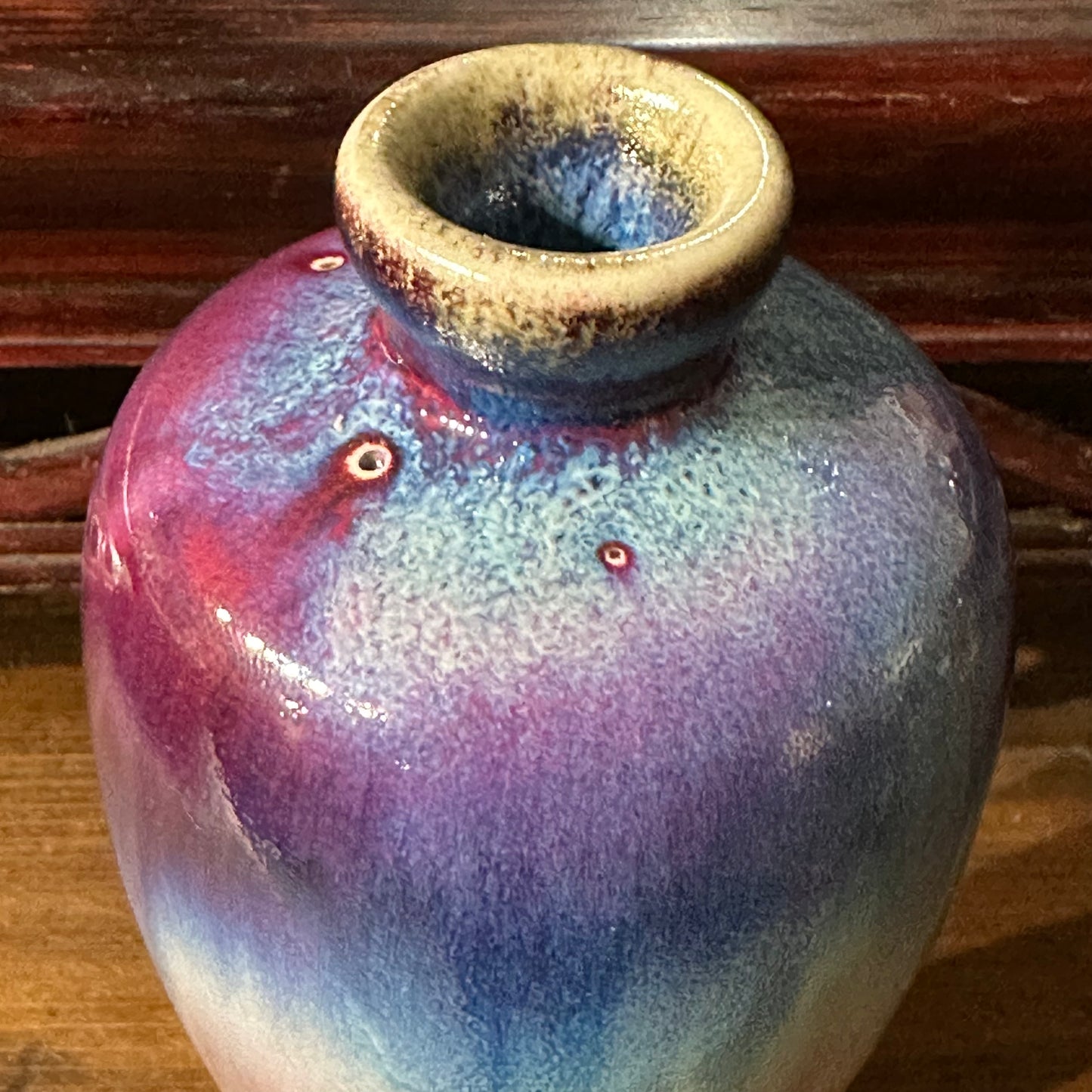 MMatsuyama Gaei Peacock Glaze Vase Japanese Hand Thrown w/ Box 4.5"