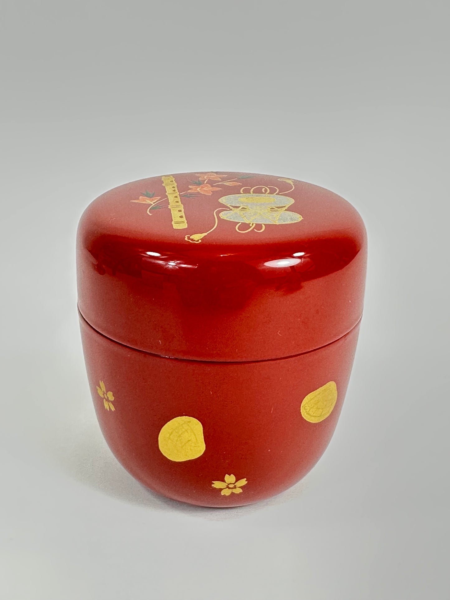 Japanese Tea Ceremony Natsume Red Lacquer Flute & Drum Gold Maki-e 3”