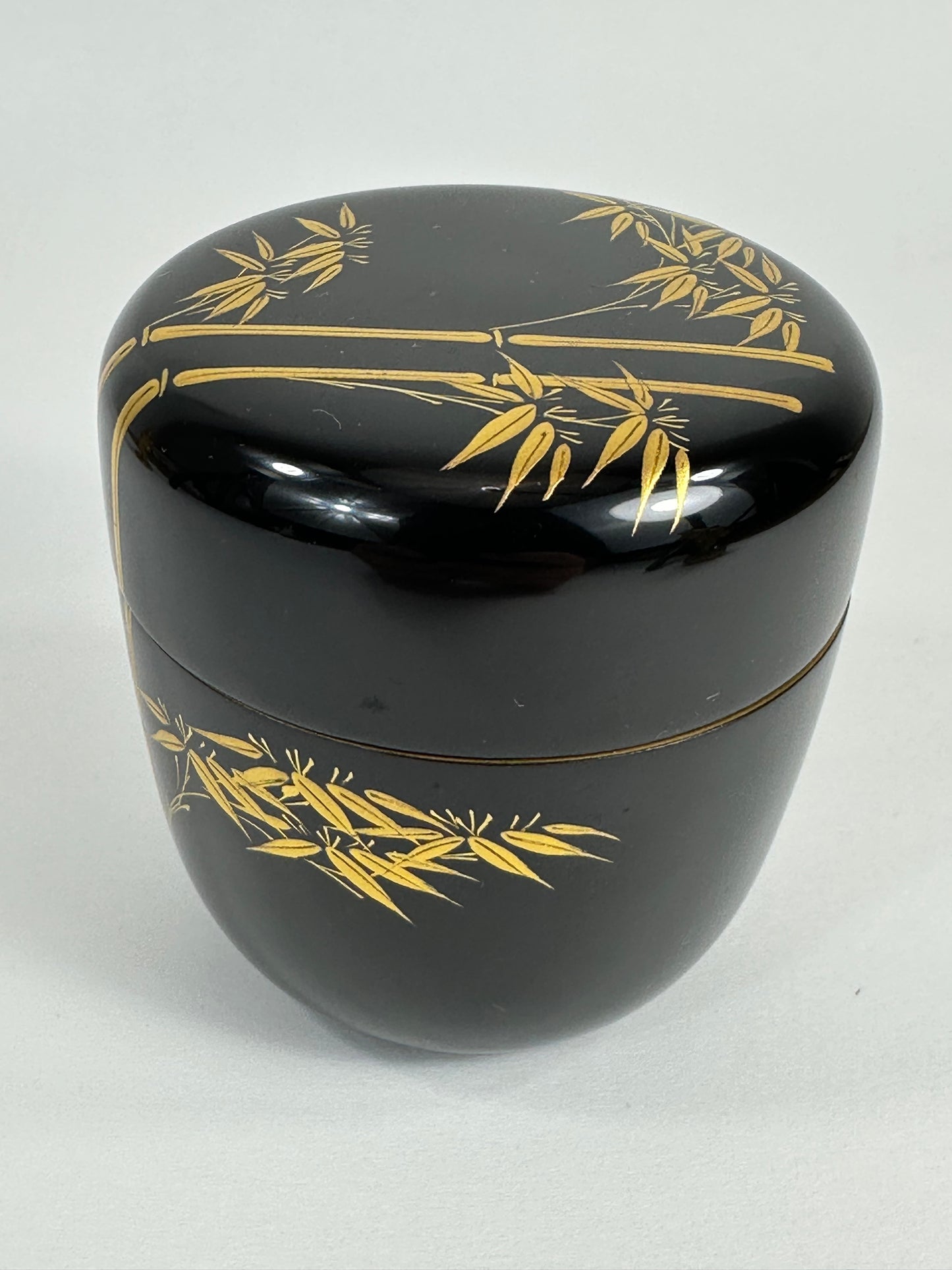 Vintage Japanese Tea Ceremony Natsume Black Lacquer Gold Bamboo Maki-e 3"