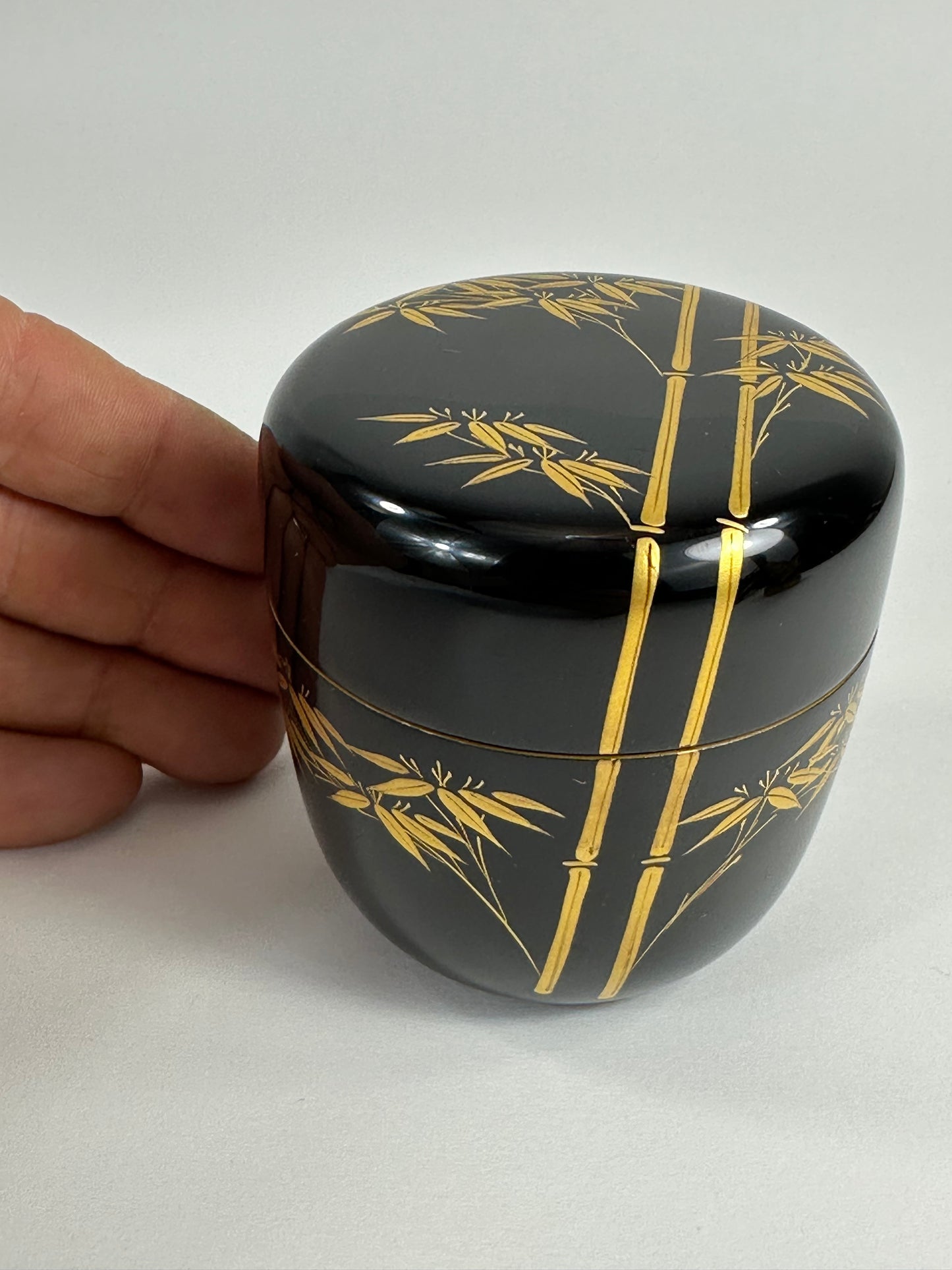 Vintage Japanese Tea Ceremony Natsume Black Lacquer Gold Bamboo Maki-e 3"