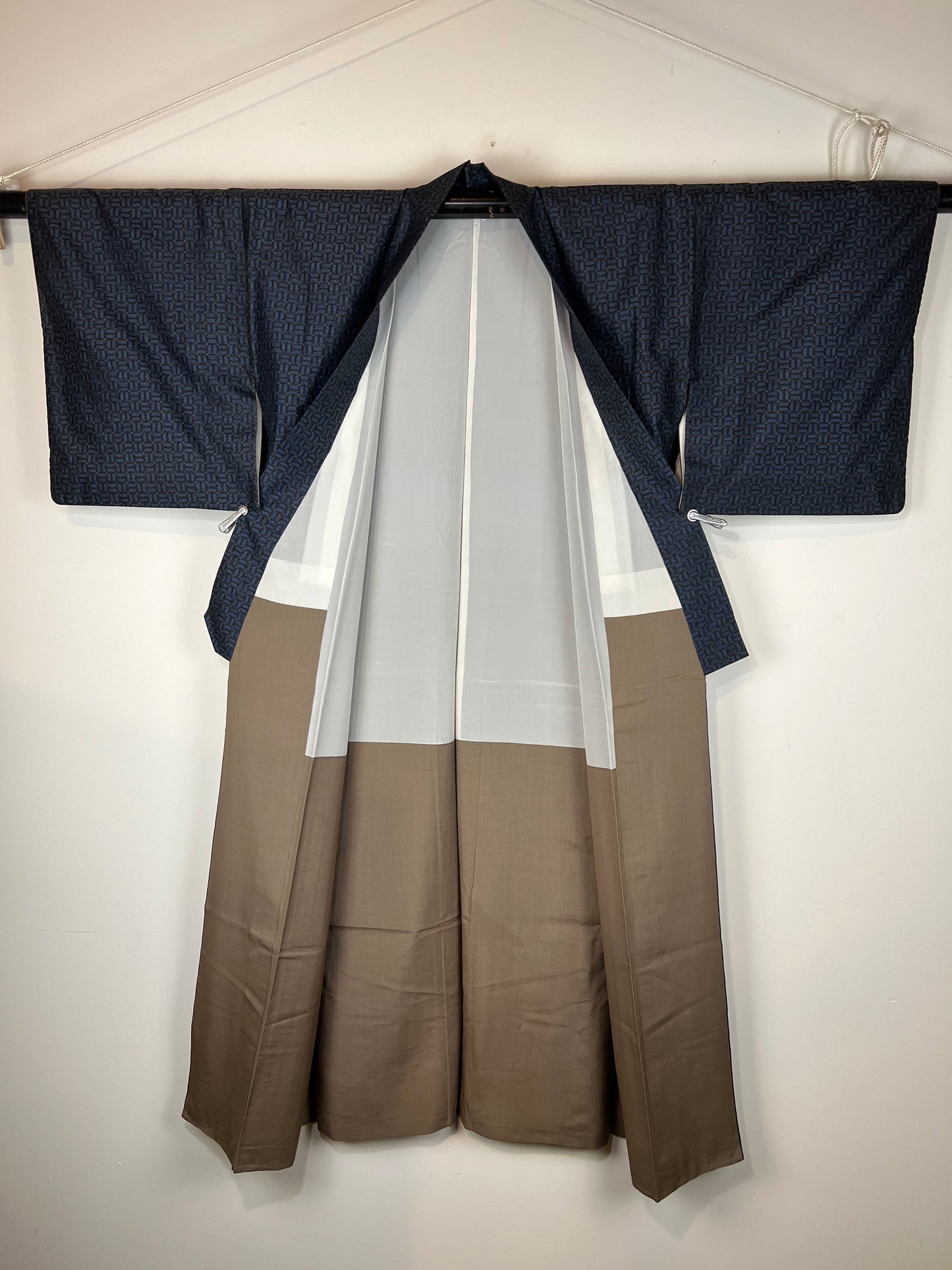 Vintage Japanese Silk Kimono Blue & Black Weave Pattern 55"L