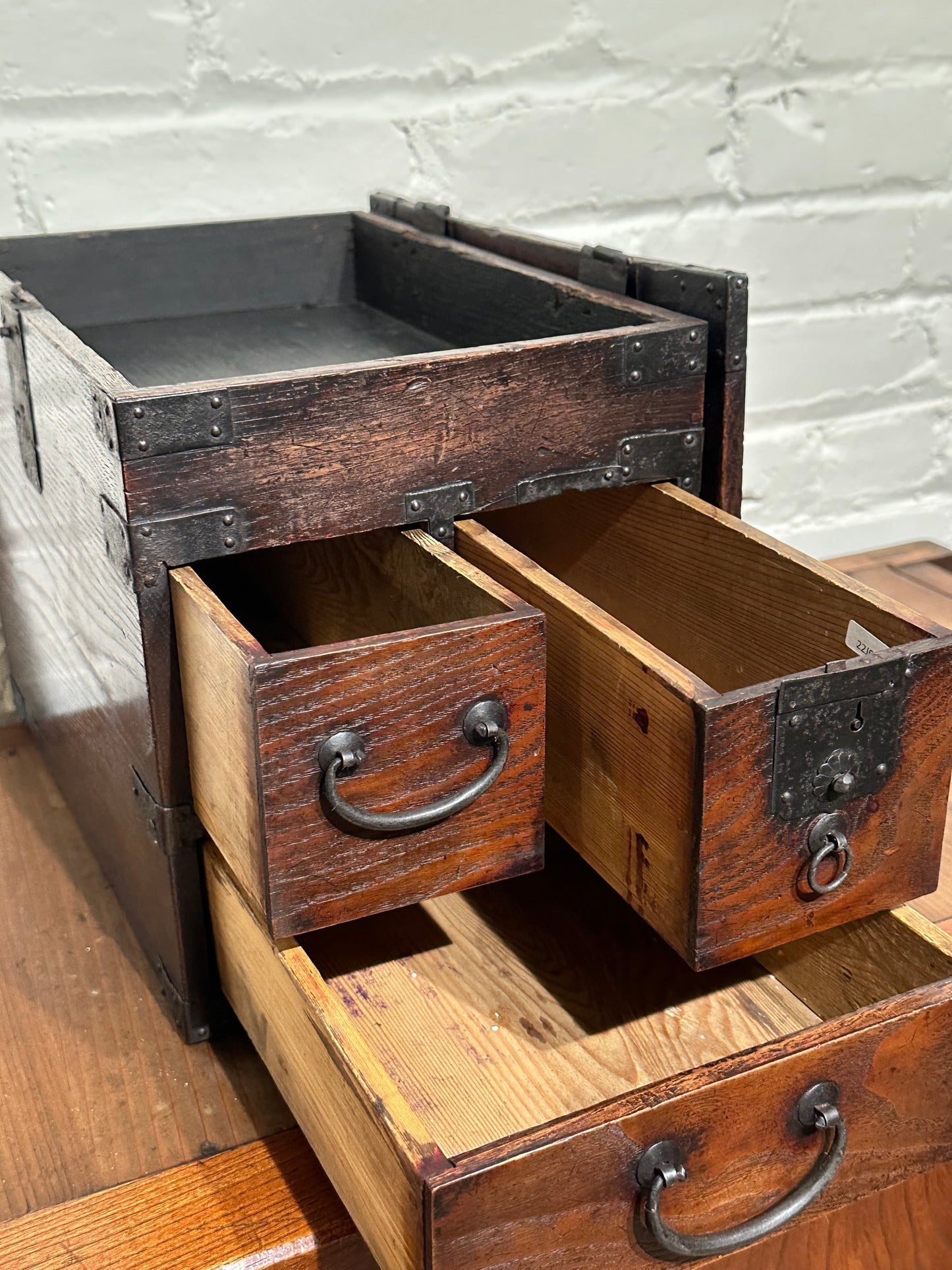 Antique Japanese Meiji Era 1880's Suzuribako Calligraphy Tansu Chestnut 3 Drawer 13"