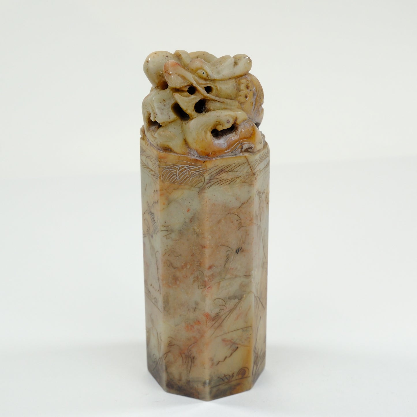 Vintage Chinese Handcarved Hegagonal Marble Stamp Dragon 6”
