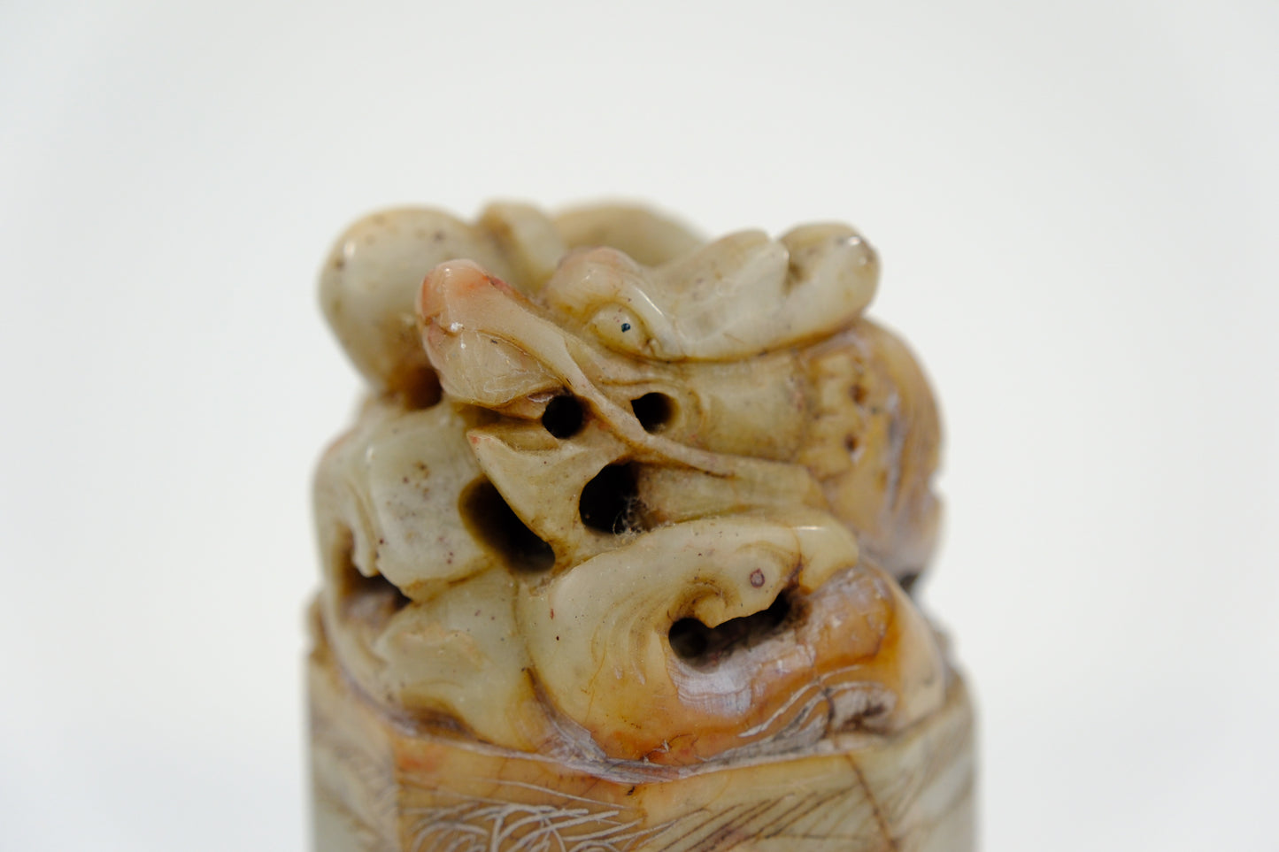 Vintage Chinese Handcarved Hegagonal Marble Stamp Dragon 6”