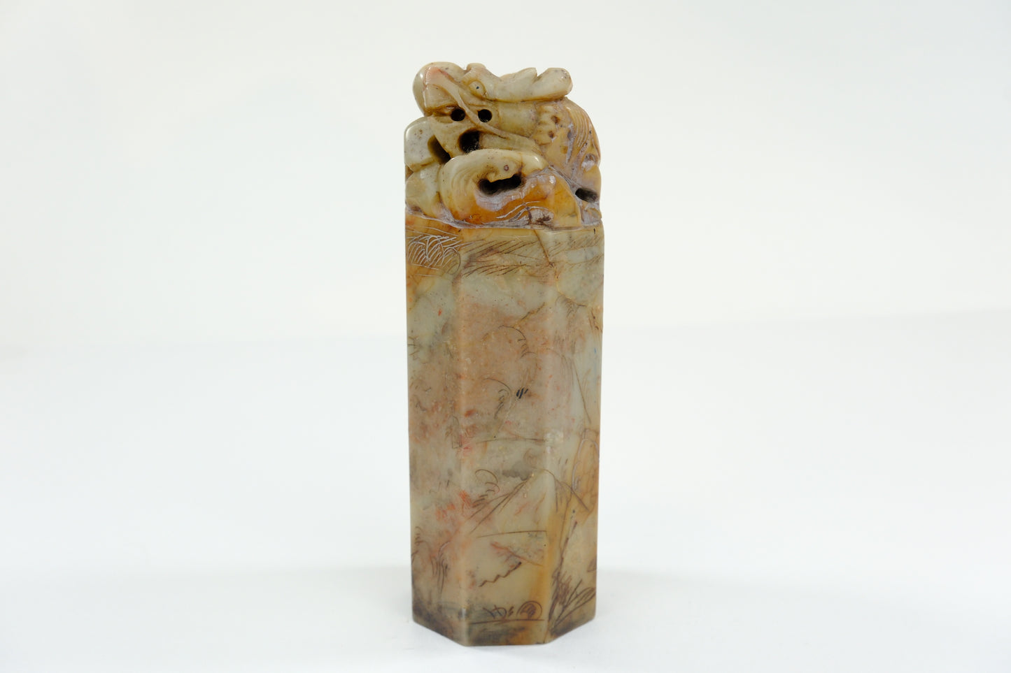 Vintage Chinese Handcarved Hegagonal Marble Stamp Dragon 6”