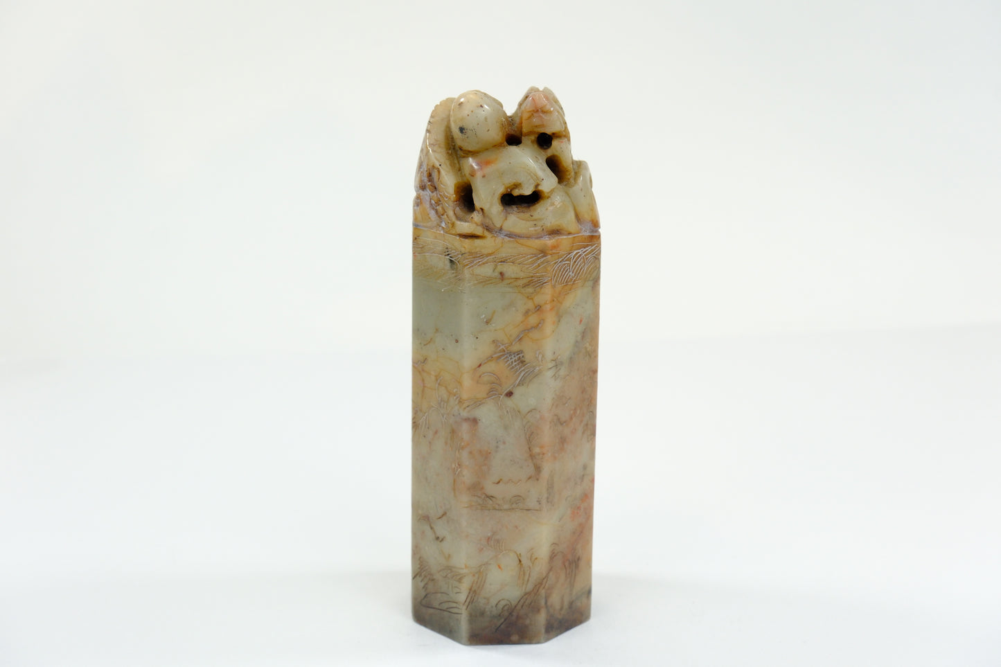 Vintage Chinese Handcarved Hegagonal Marble Stamp Dragon 6”