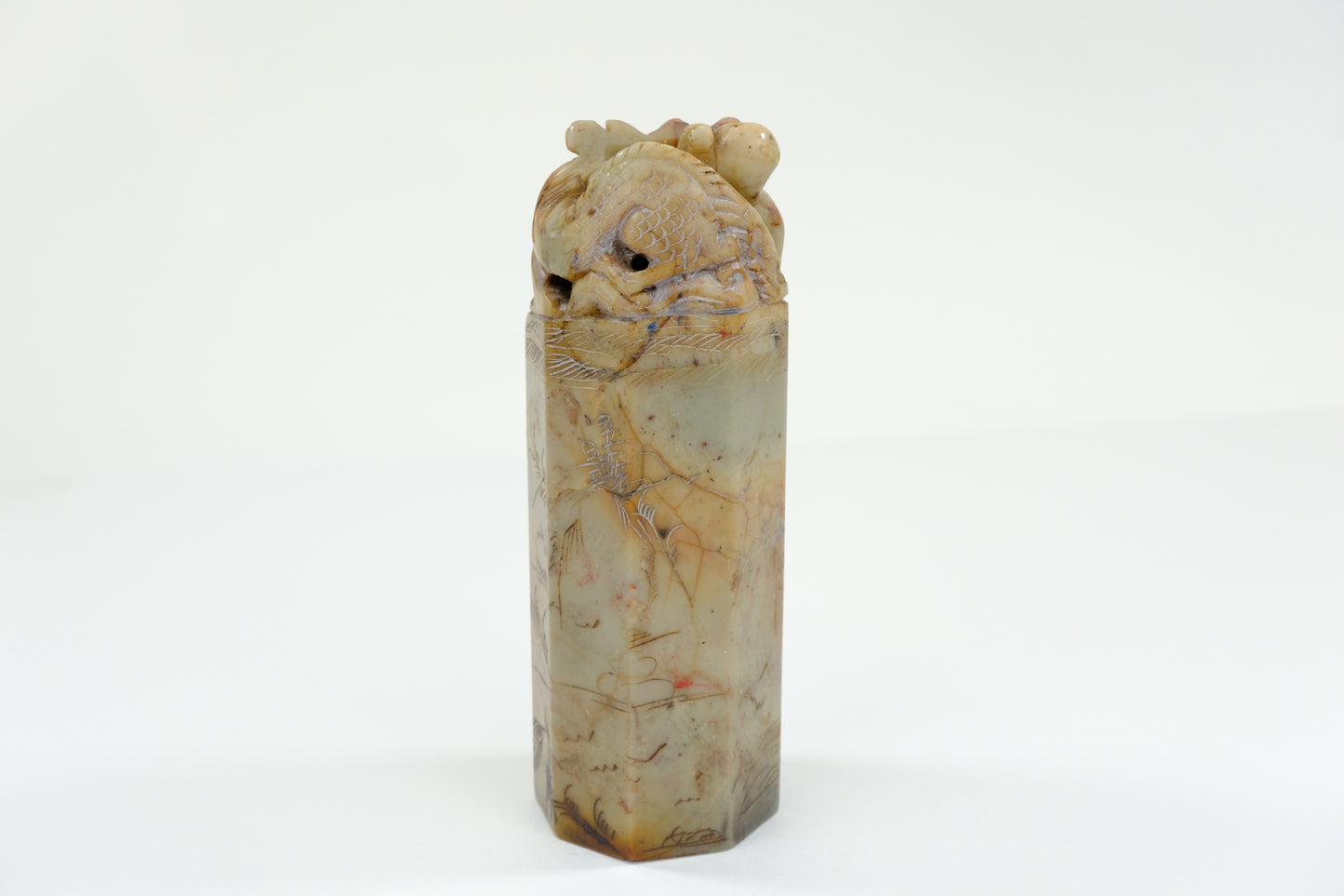 Vintage Chinese Handcarved Hegagonal Marble Stamp Dragon 6”