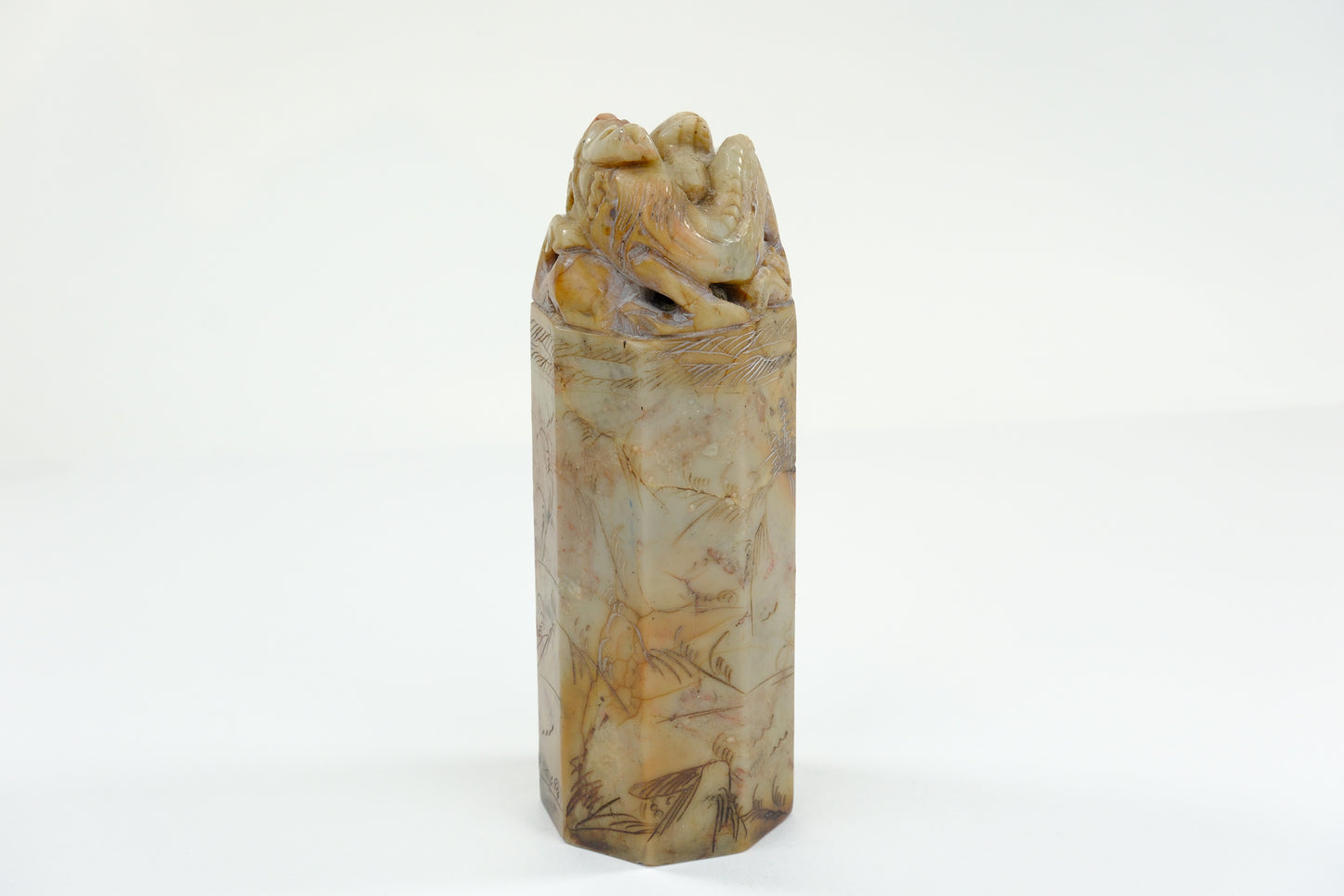 Vintage Chinese Handcarved Hegagonal Marble Stamp Dragon 6”