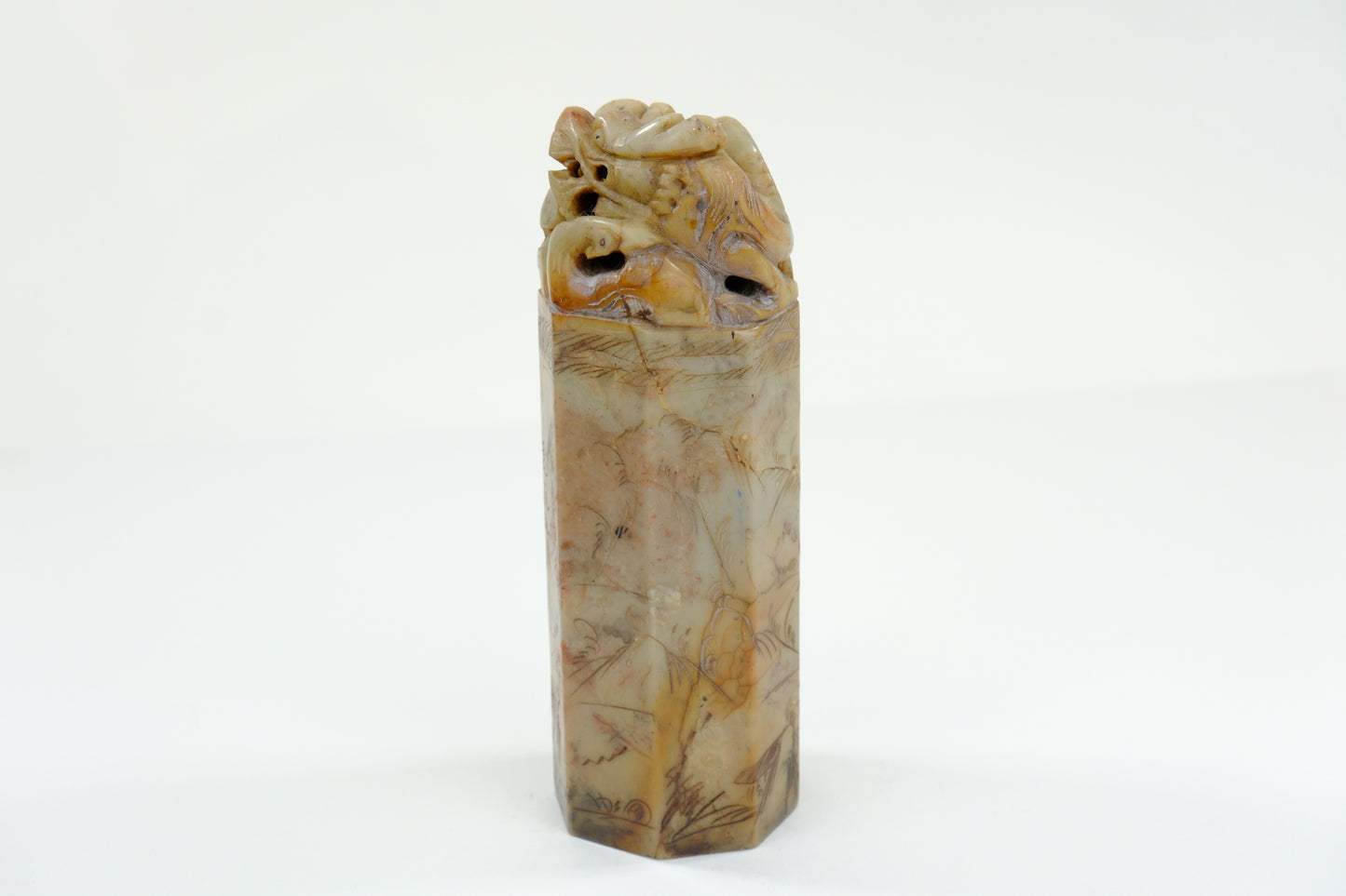 Vintage Chinese Handcarved Hegagonal Marble Stamp Dragon 6”