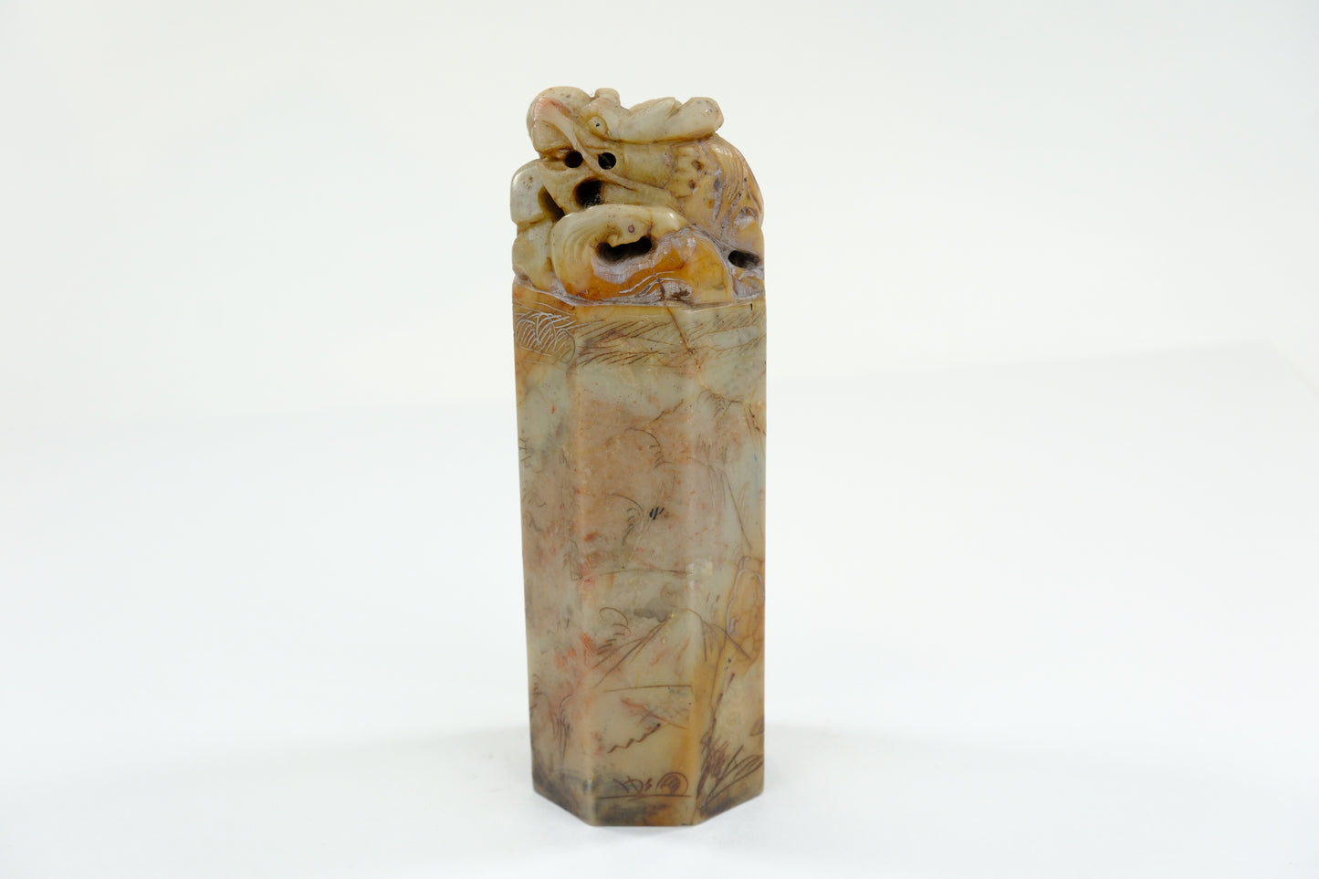 Vintage Chinese Handcarved Hegagonal Marble Stamp Dragon 6”