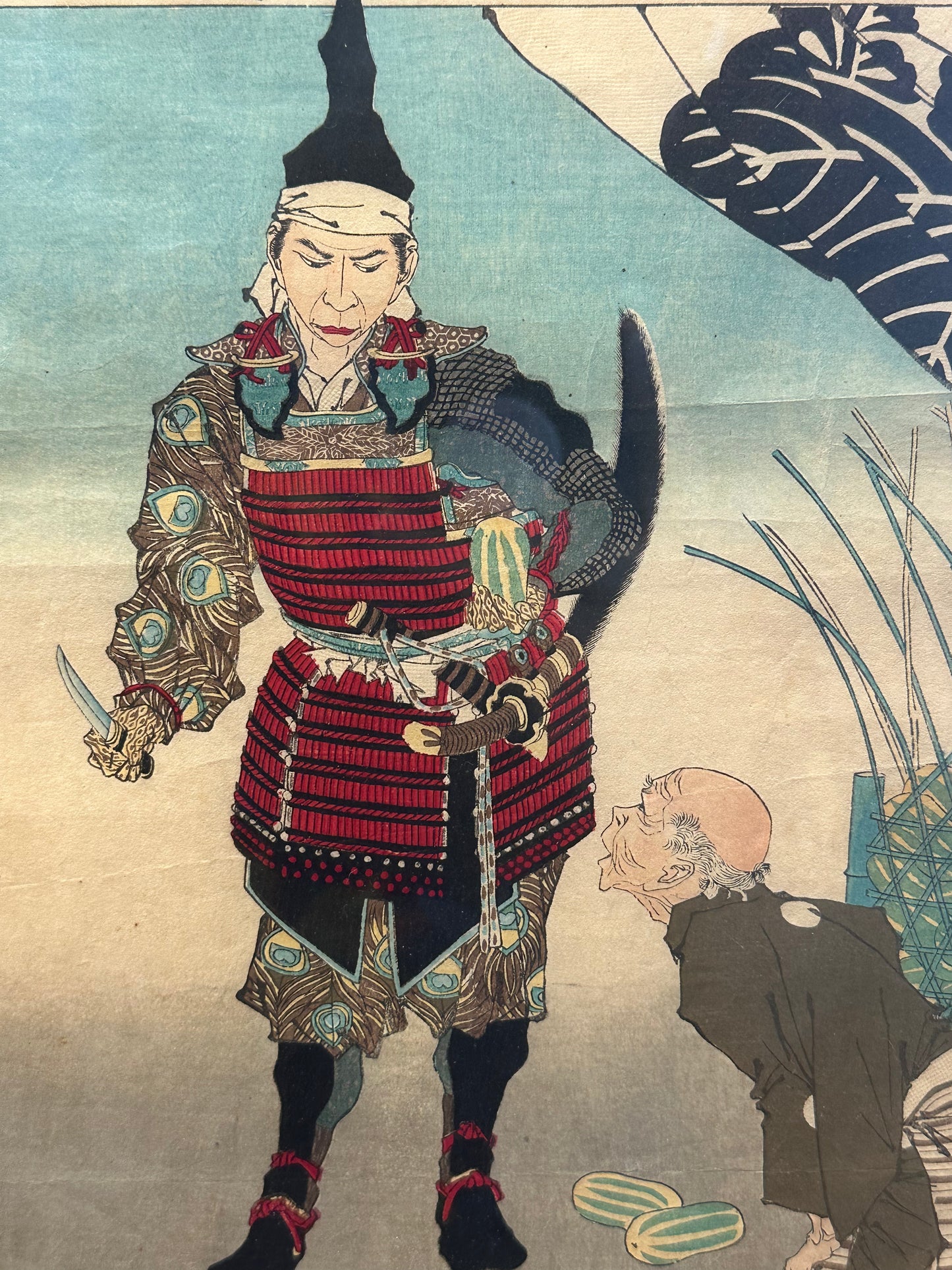 Original Yoshitoshi (1839-1892) Japanese Woodblock Print Hideyoshi Cuts a Melon 1881 LS#166