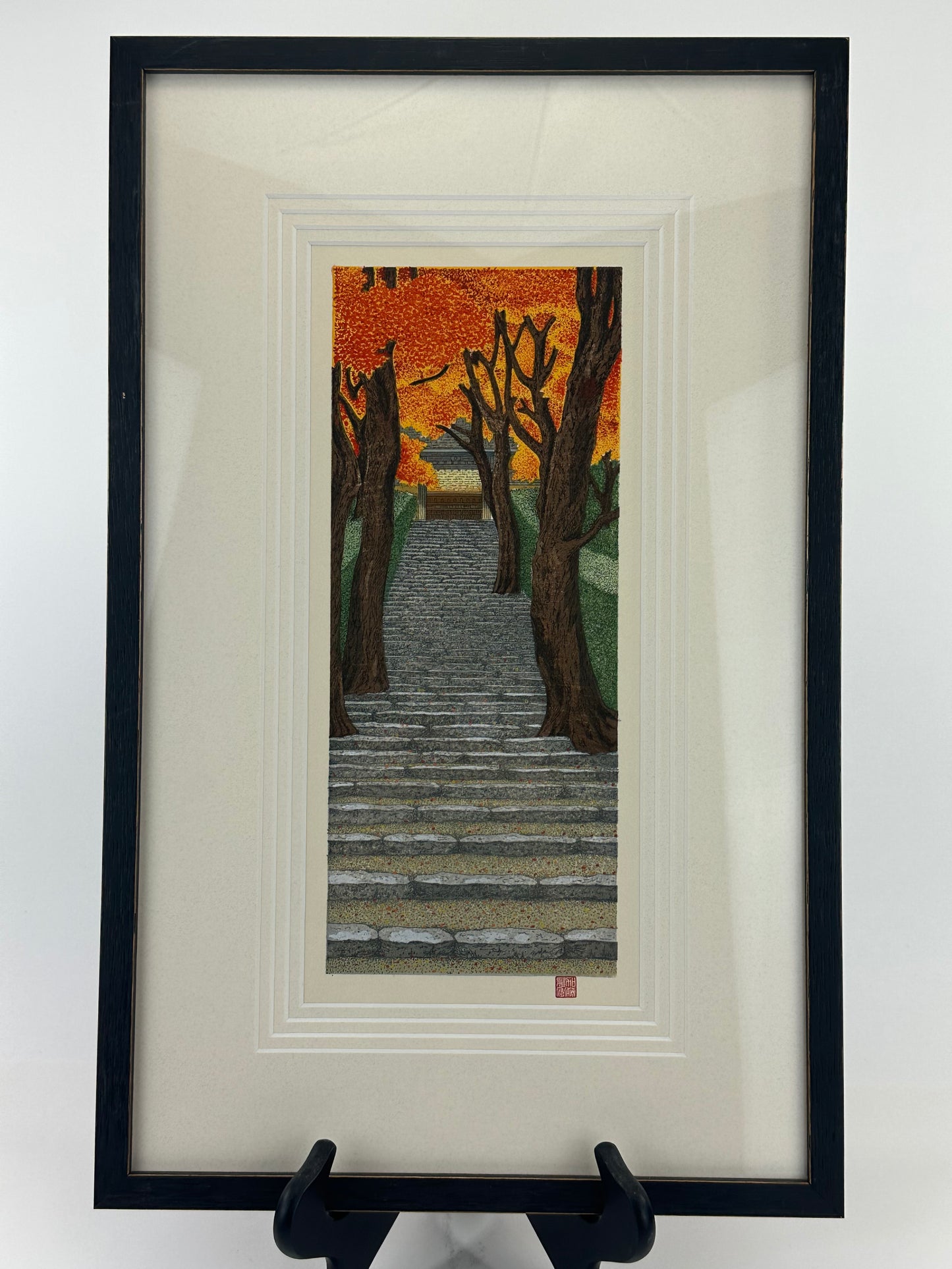 Japanese Original Woodblock Print by Teruhide Kato (1936–2015) "Autumn Leaves" Framed LS#230