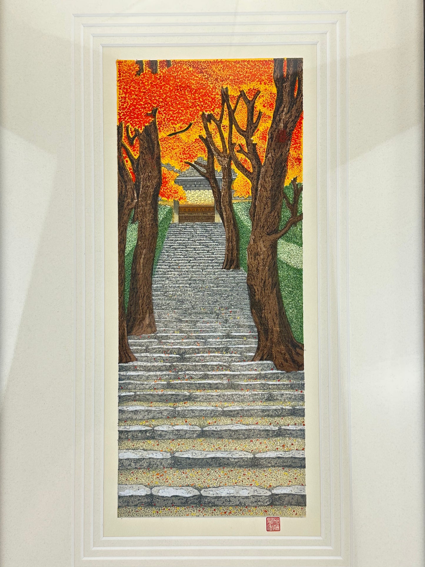 Japanese Original Woodblock Print by Teruhide Kato (1936–2015) "Autumn Leaves" Framed LS#230