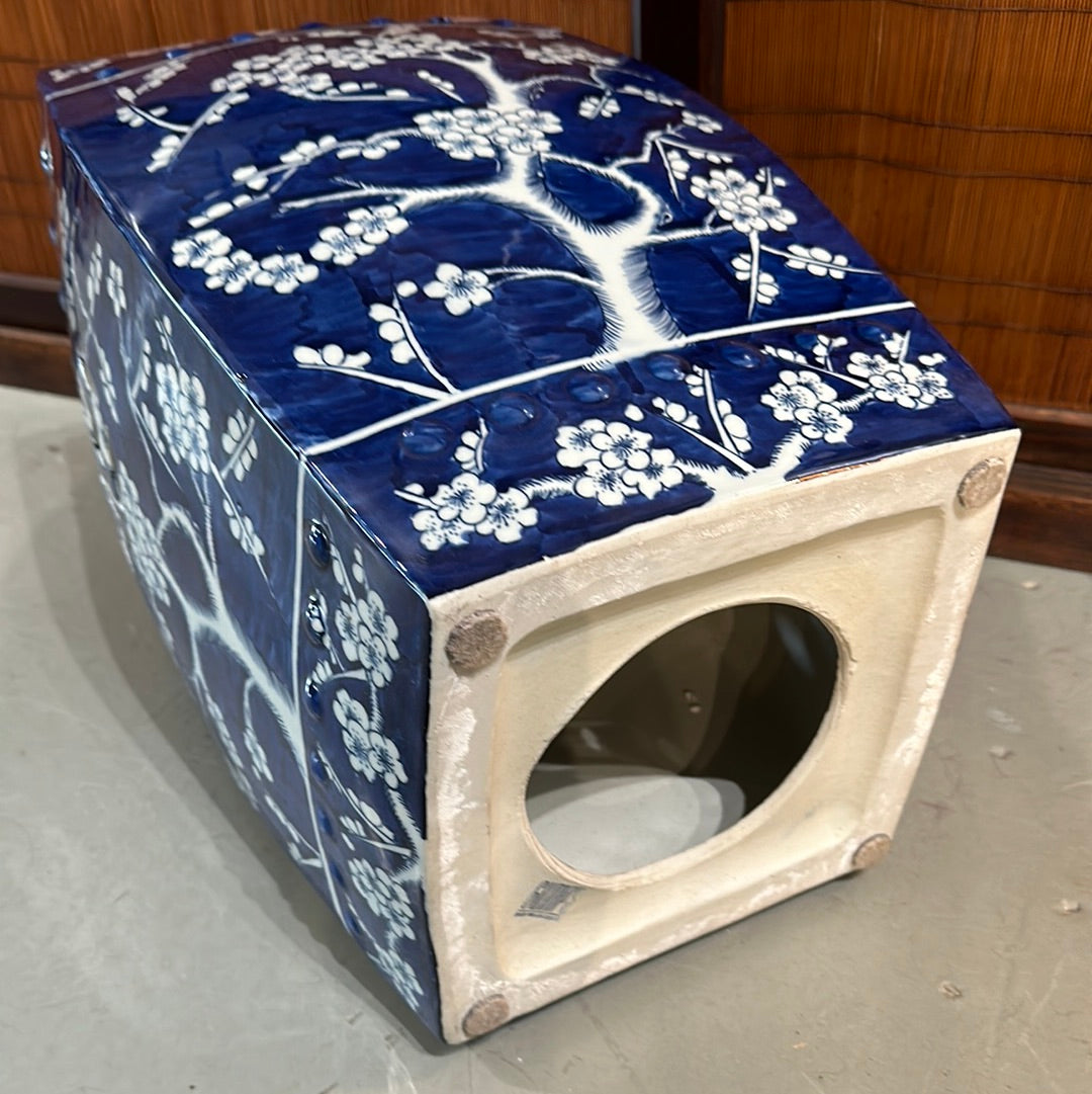 Vintage Chinese Ceramic Garden Stool Plum Blossom Motif Cobalt Blue 18”