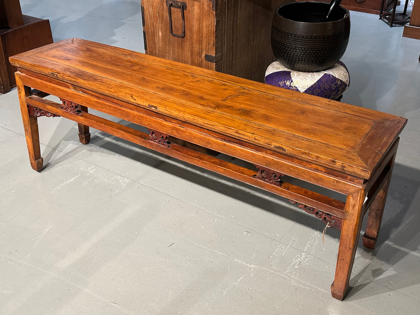 Antique Chinese Qing Dynasty Yumu Wood Bench 62"
