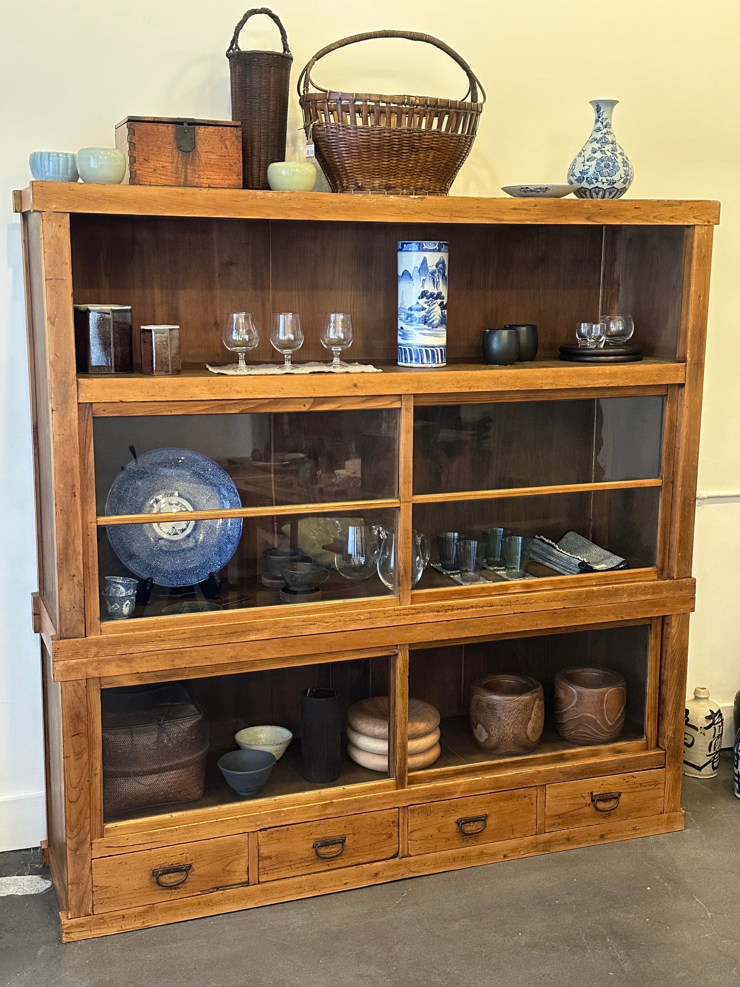 Antique Japanese Misedansu Display Tansu Sugi Wood Meiji c1890's 70"W