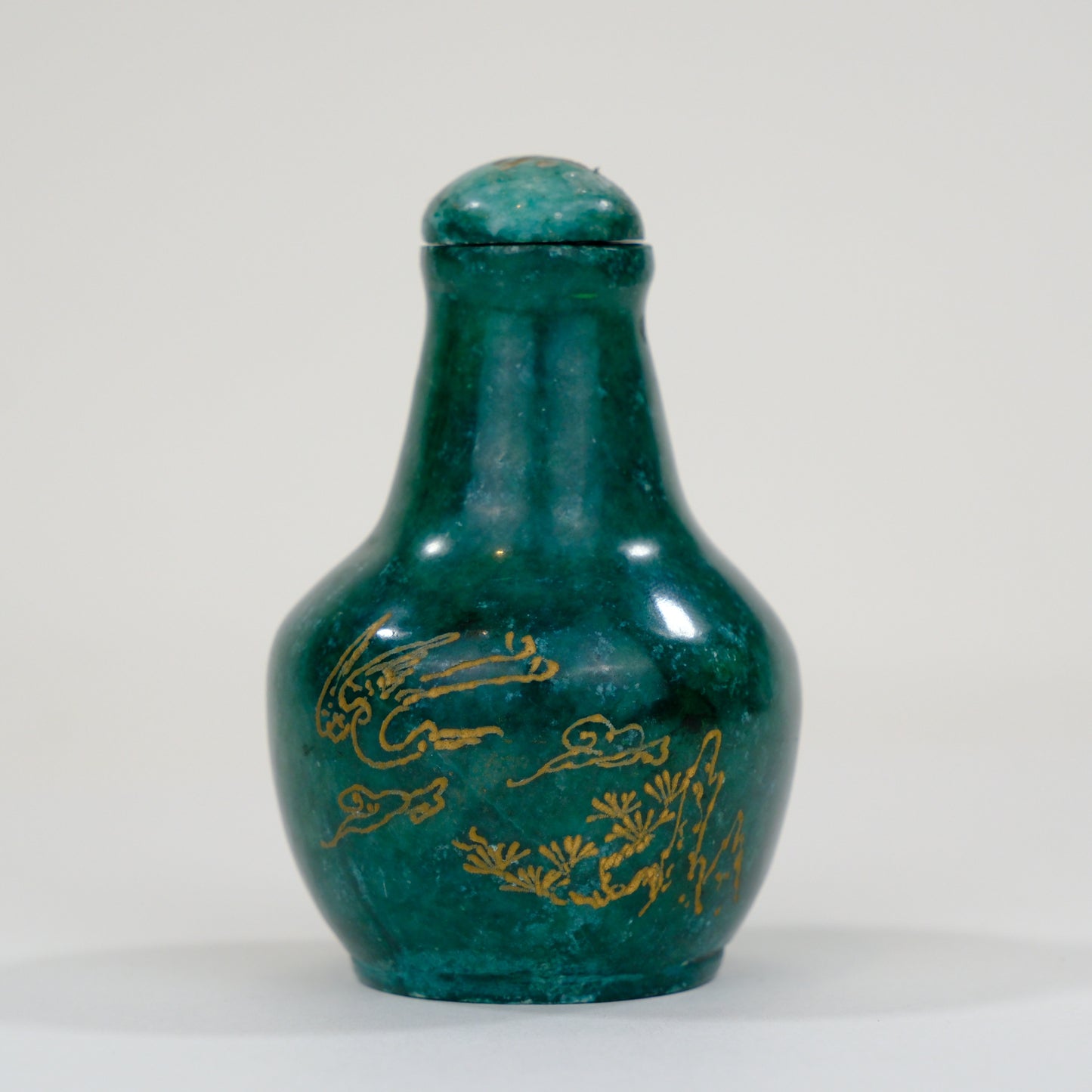 Vintage Chinese Natural Green Stone Snuff Bottle Calligraphy w/Lid 3"