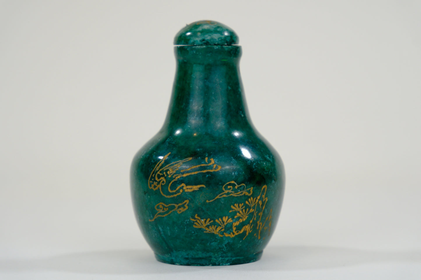 Vintage Chinese Natural Green Stone Snuff Bottle Calligraphy w/Lid 3"