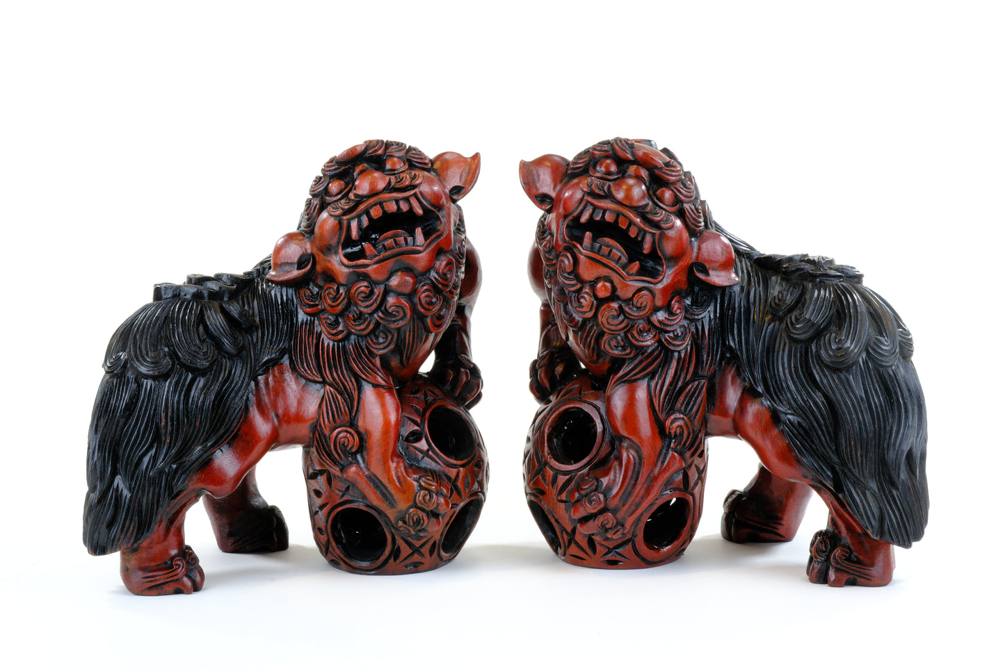 Vintage Japanese Carved Wood Foo Dog Pair Shishi Guardian Lions 10"H