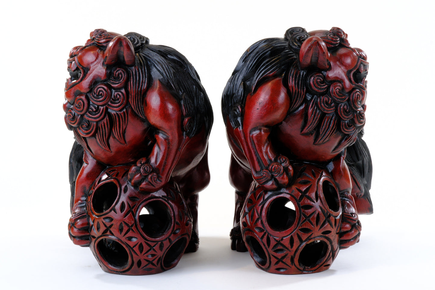 Vintage Japanese Carved Wood Foo Dog Pair Shishi Guardian Lions 10"H